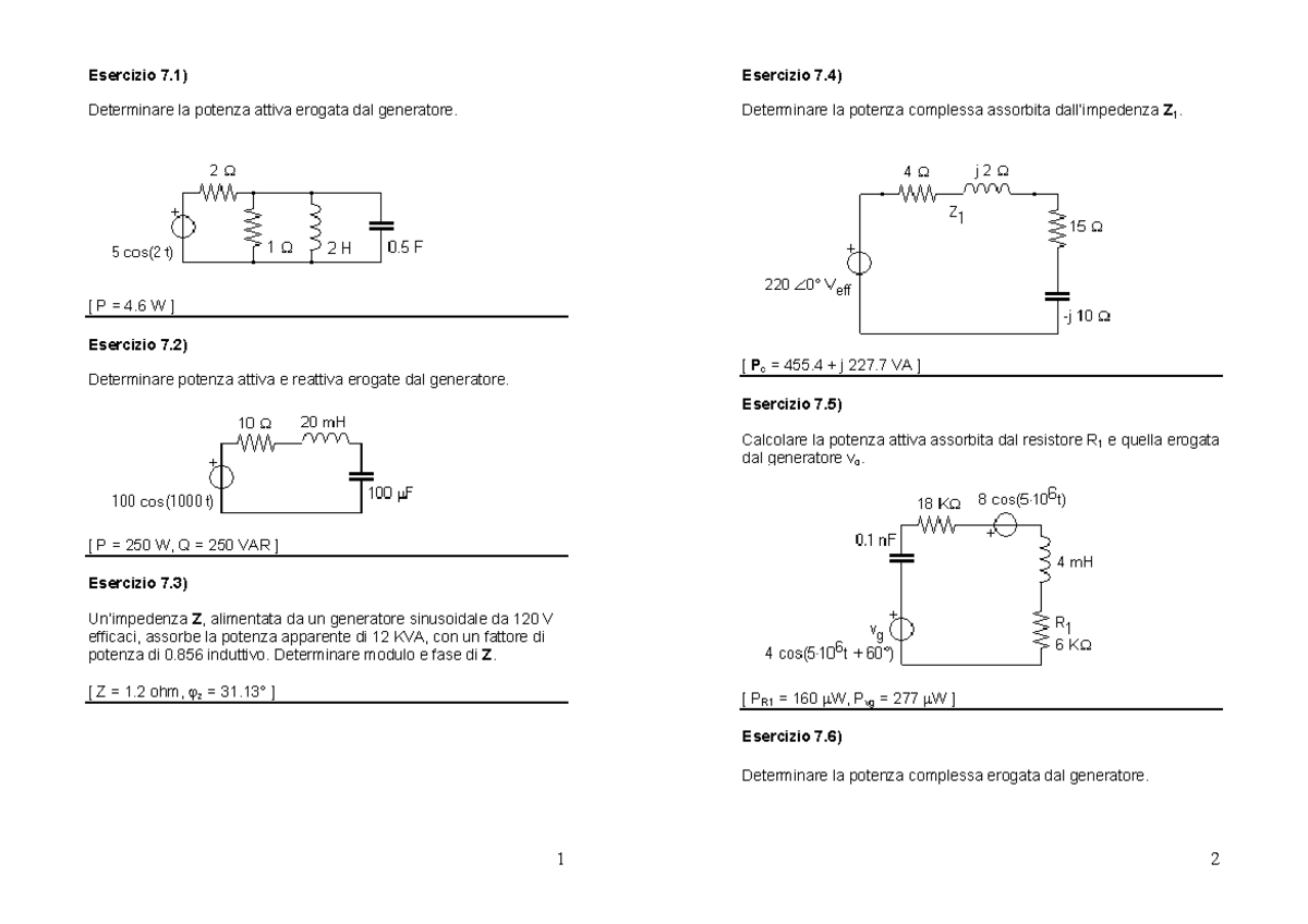 Elettrotecnica - Esercizi 7 - 1 Esercizio 7) Determinare La Potenza ...