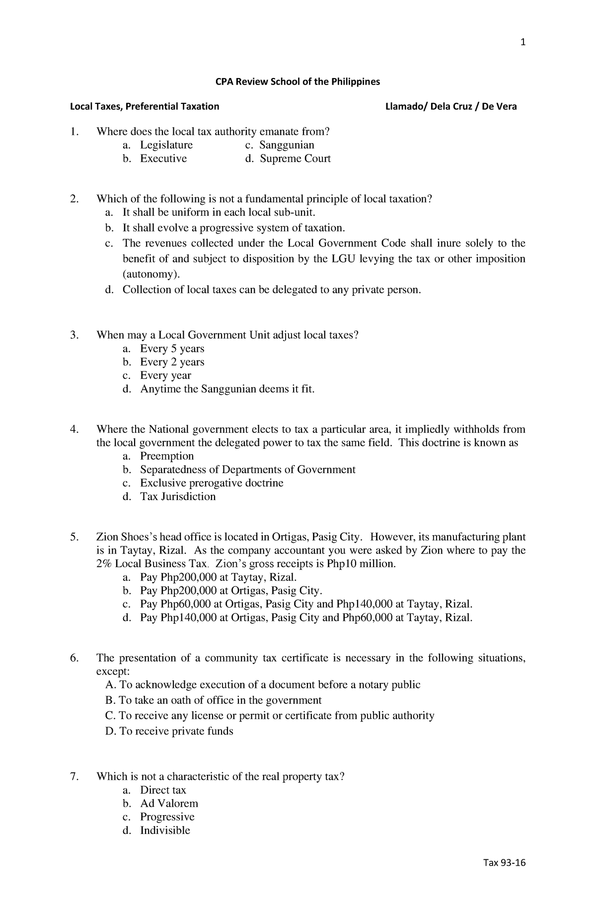 16 Local Taxes, Preferential Taxation - CPA Review School of the ...