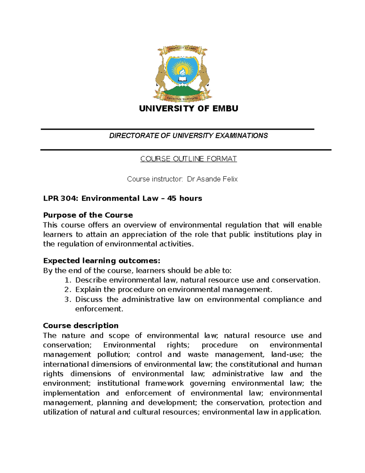 Course outline LPR 304 Environmental Law 45 hours - UNIVERSITY OF EMBU ...