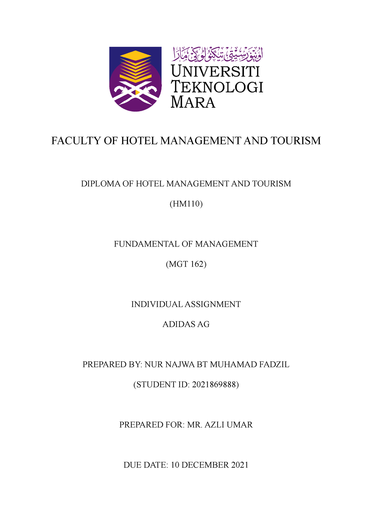 Assignment MGT 162 - Fundamental Of Management - FACULTY OF HOTEL ...