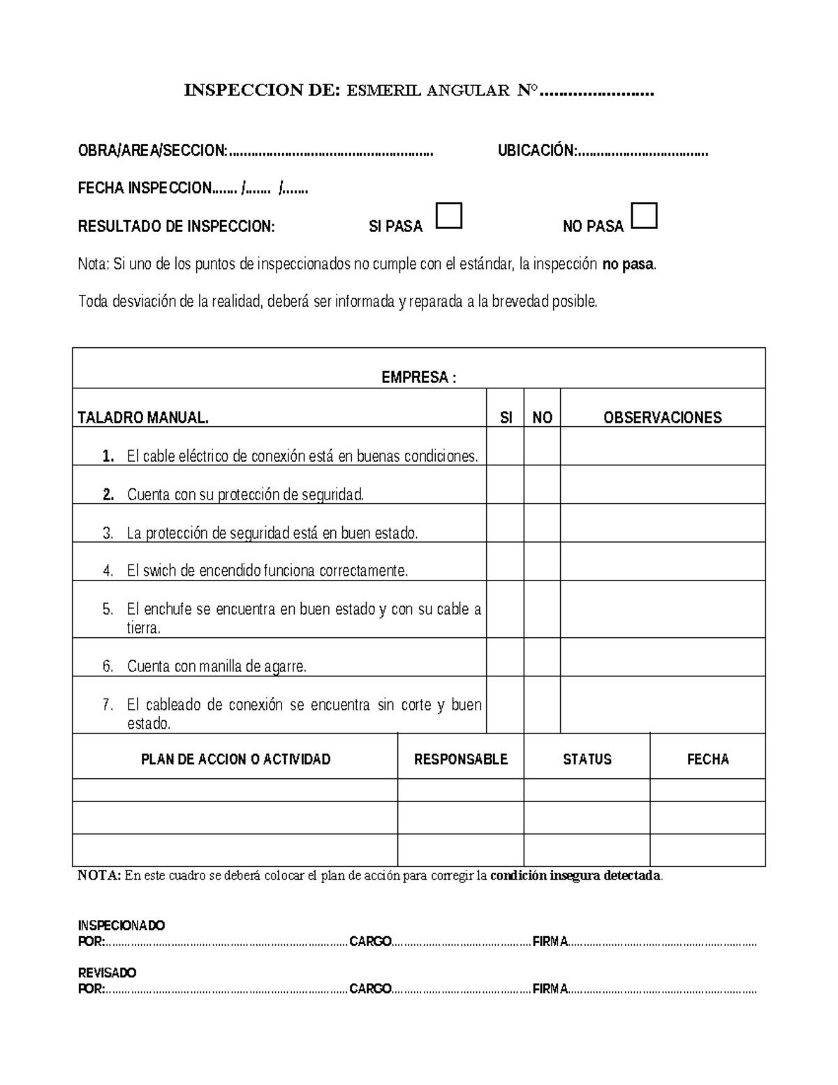 Inspeccion Esmeril Angular - INSPECCION DE: ESMERIL ANGULAR N ...