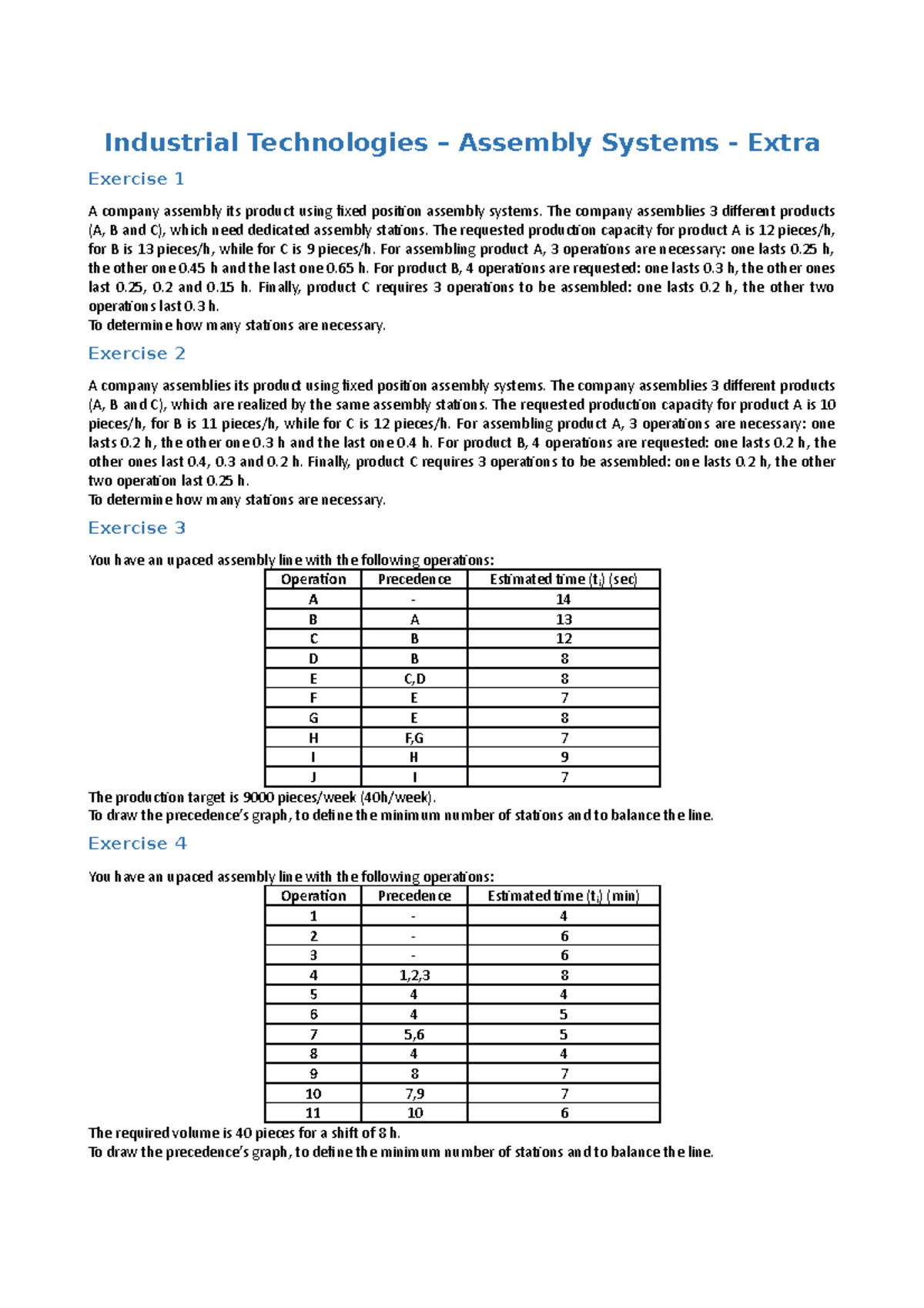IT M3 - Design of assembly systems - Exercise - Extra - Industrial ...