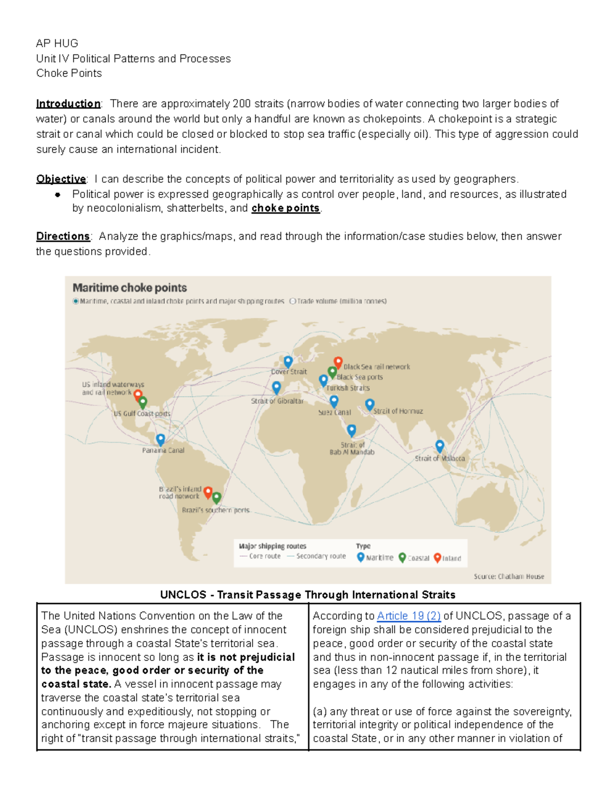 HG Maritime Choke Points AP HUG Unit IV Political Patterns and