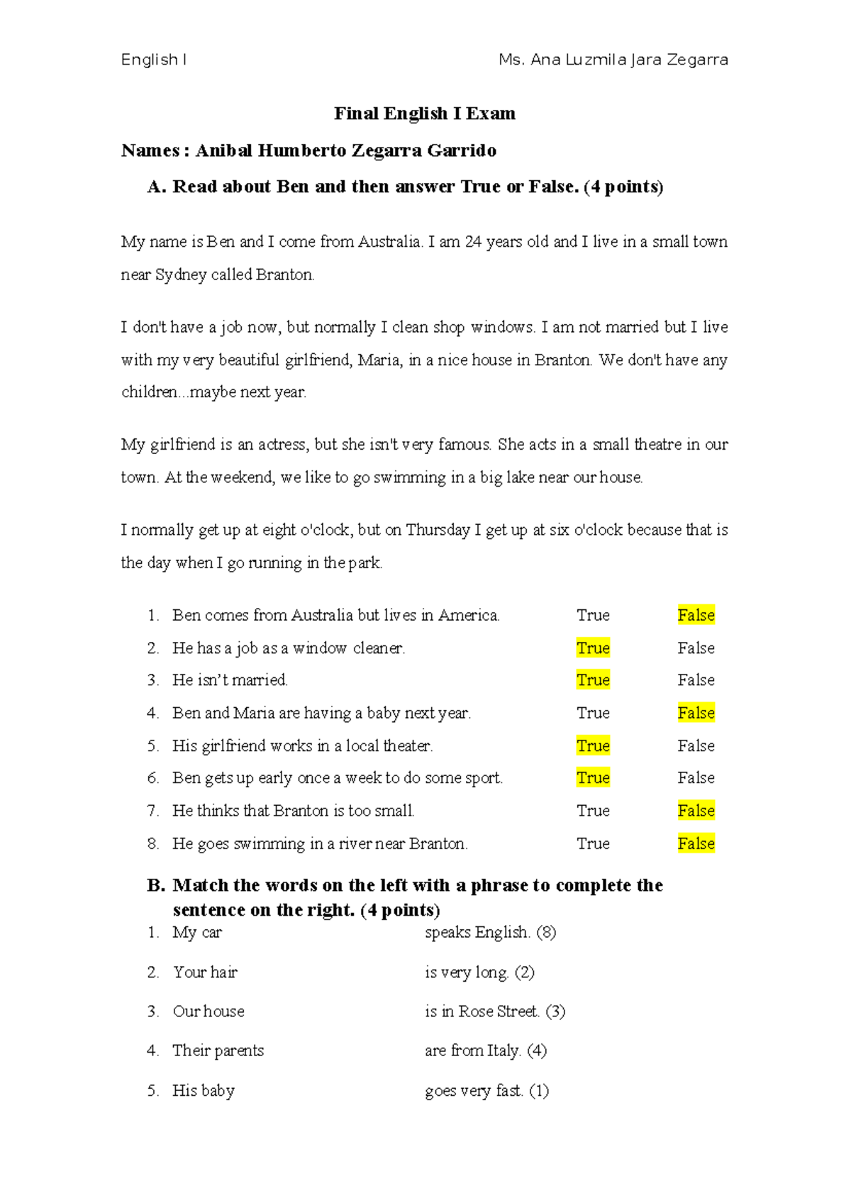 Final English I Exam Anibal Zegarra Garrido English I Ms Ana Luzmila