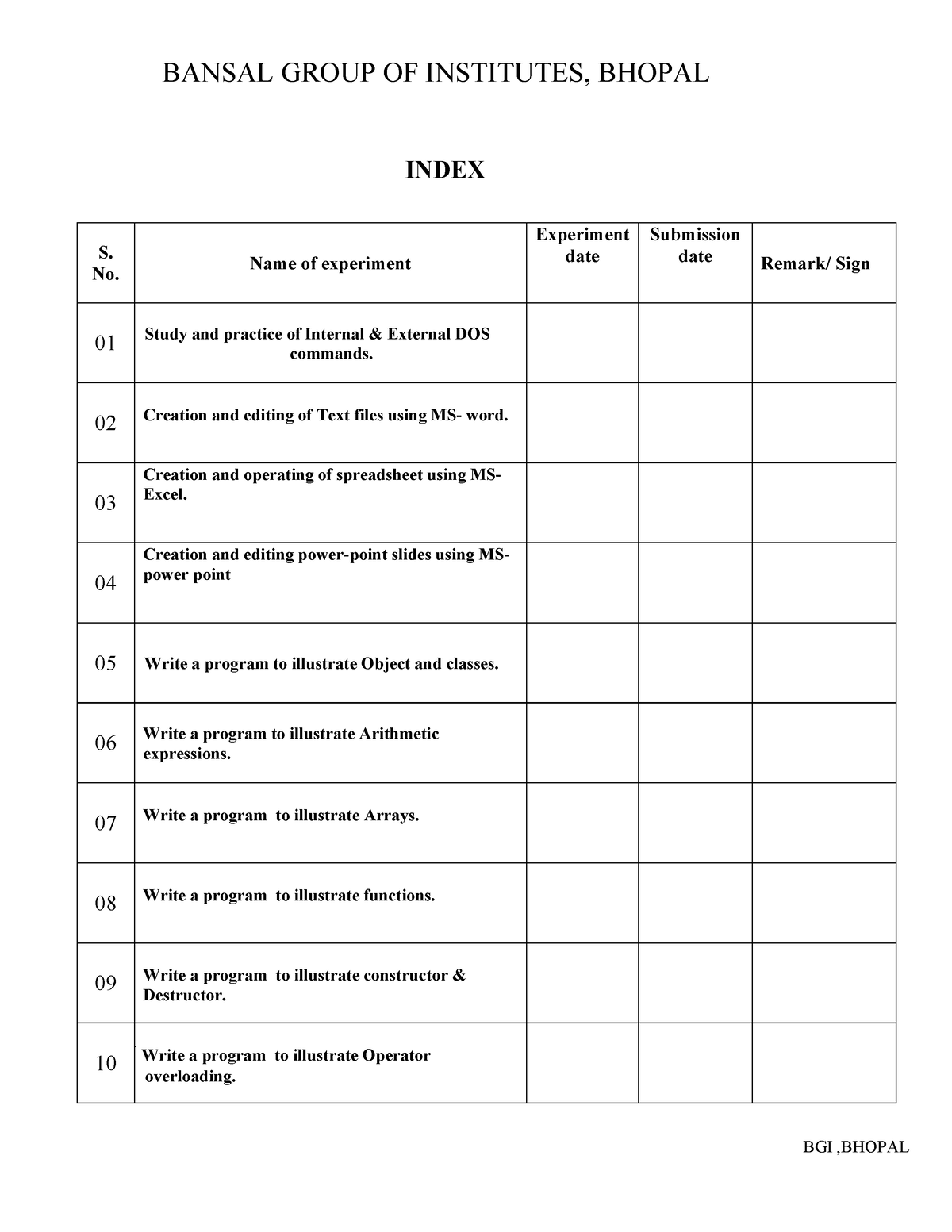 BT-205 Lab Manual - INDEX S. No. Name of experiment Experiment date ...