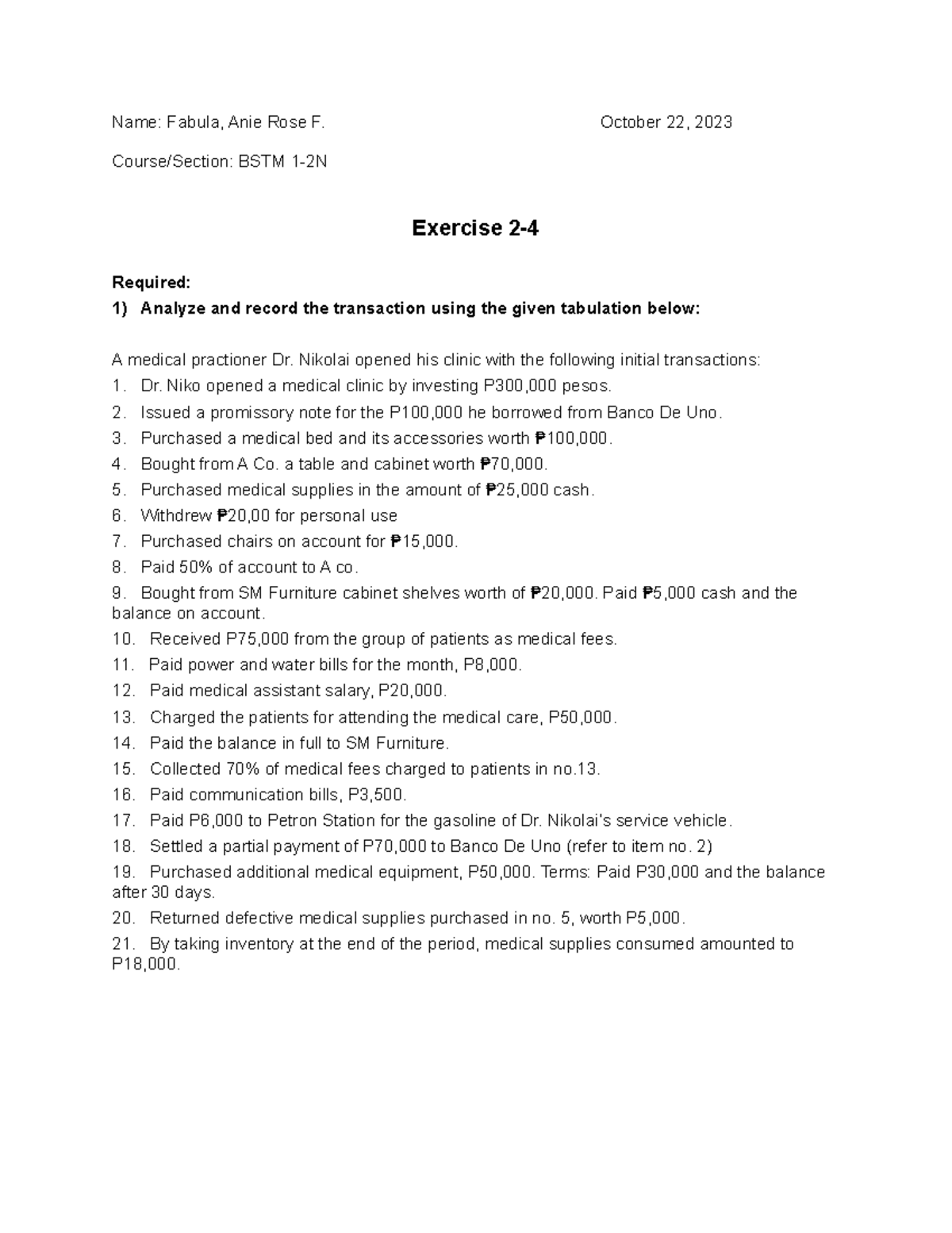 Accounting ANS 3 - Gew - Name: Fabula, Anie Rose F. October 22, 2023 ...
