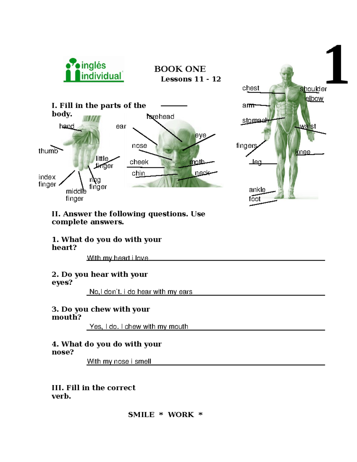 Worksheet 1 - BOOK ONE Lessons 11 - 12 I. Fill in the parts of the body ...