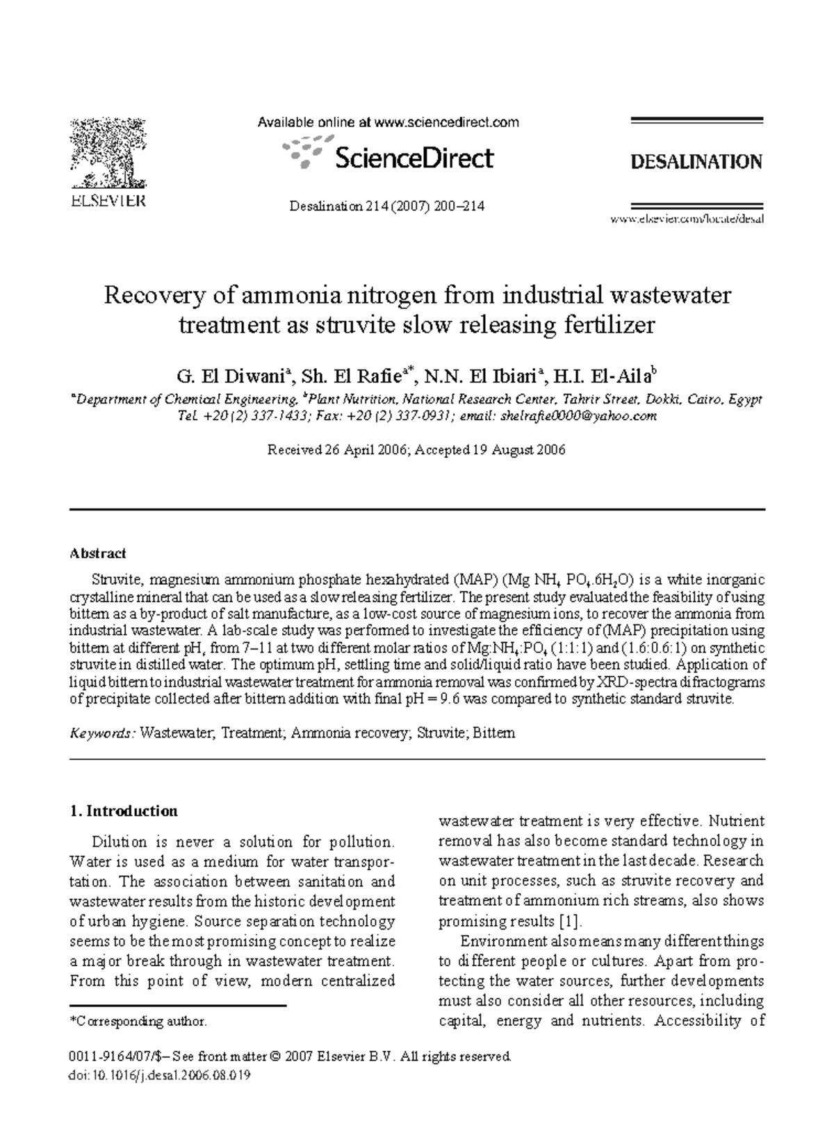 Recovery of ammonia nitrogen from industrial wastewater - Desalination ...