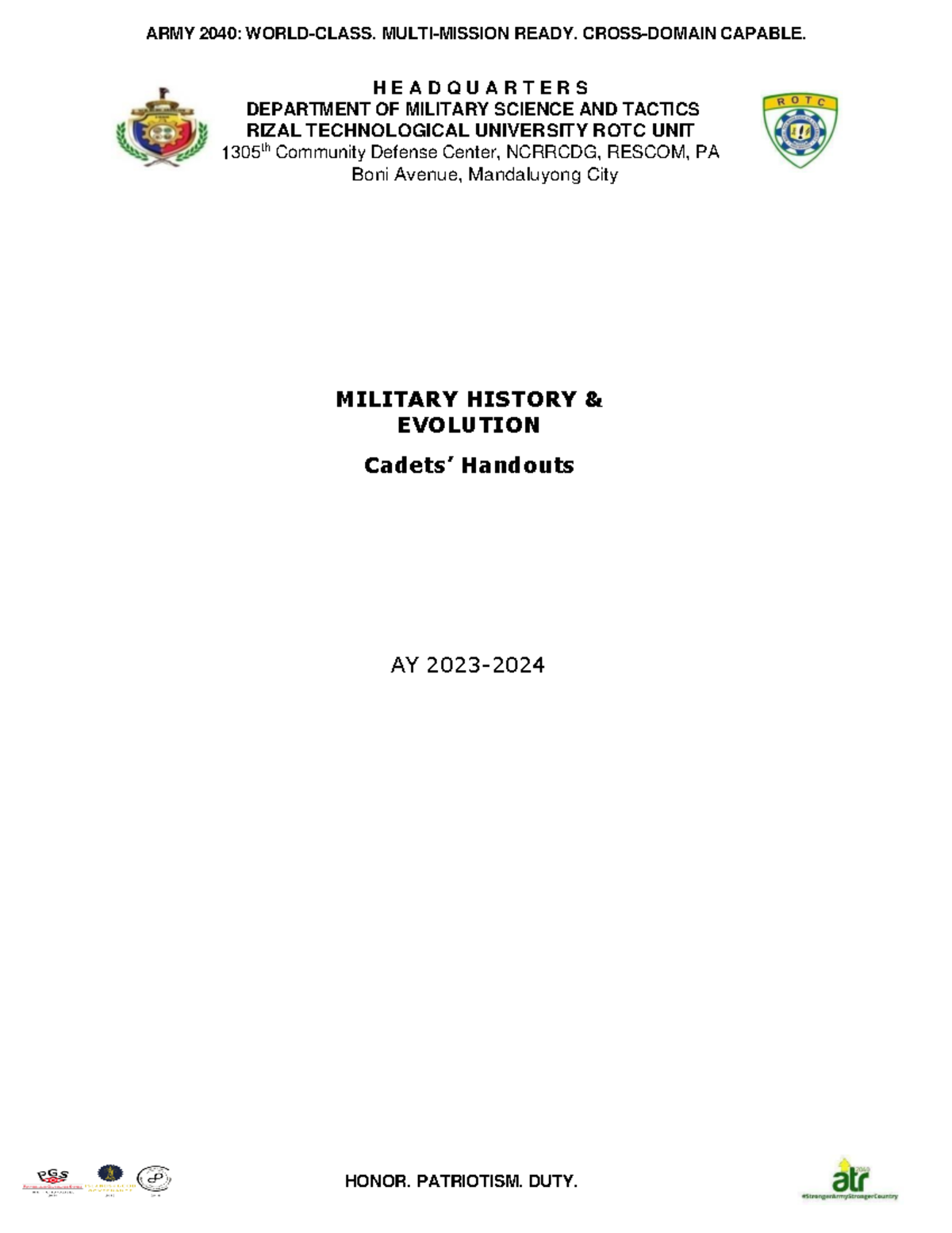 Military History Evolution Handouts 23 24 - H E A D Q U A R T E R S ...