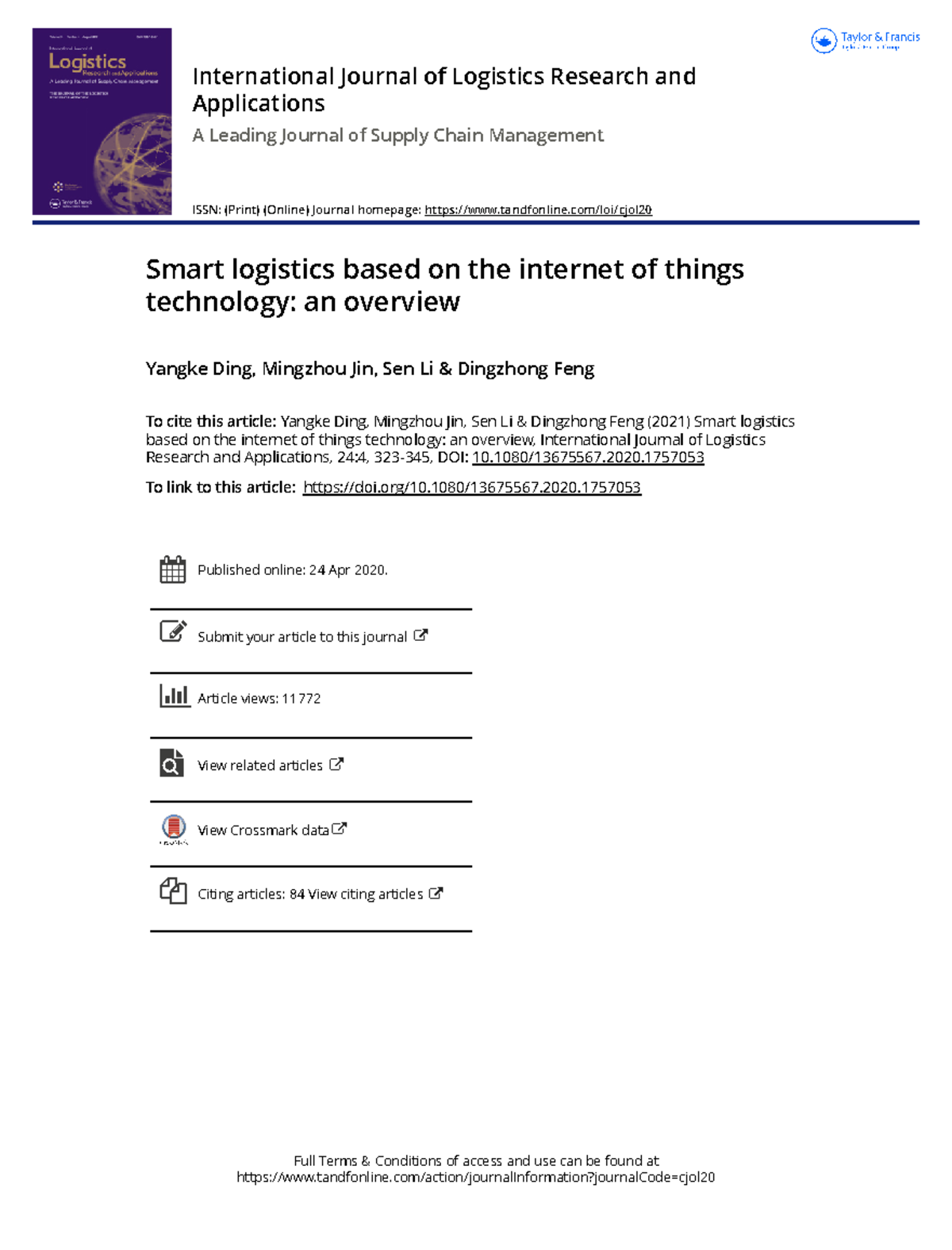 Smart logistics based on the internet of things technology an overview ...