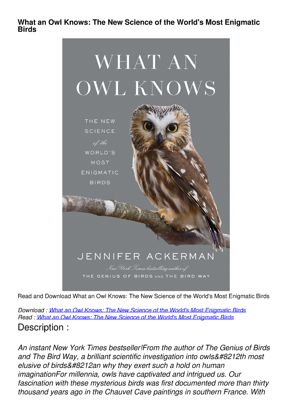 [READ DOWNLOAD] What an Owl Knows: The New Science of the World's Most ...