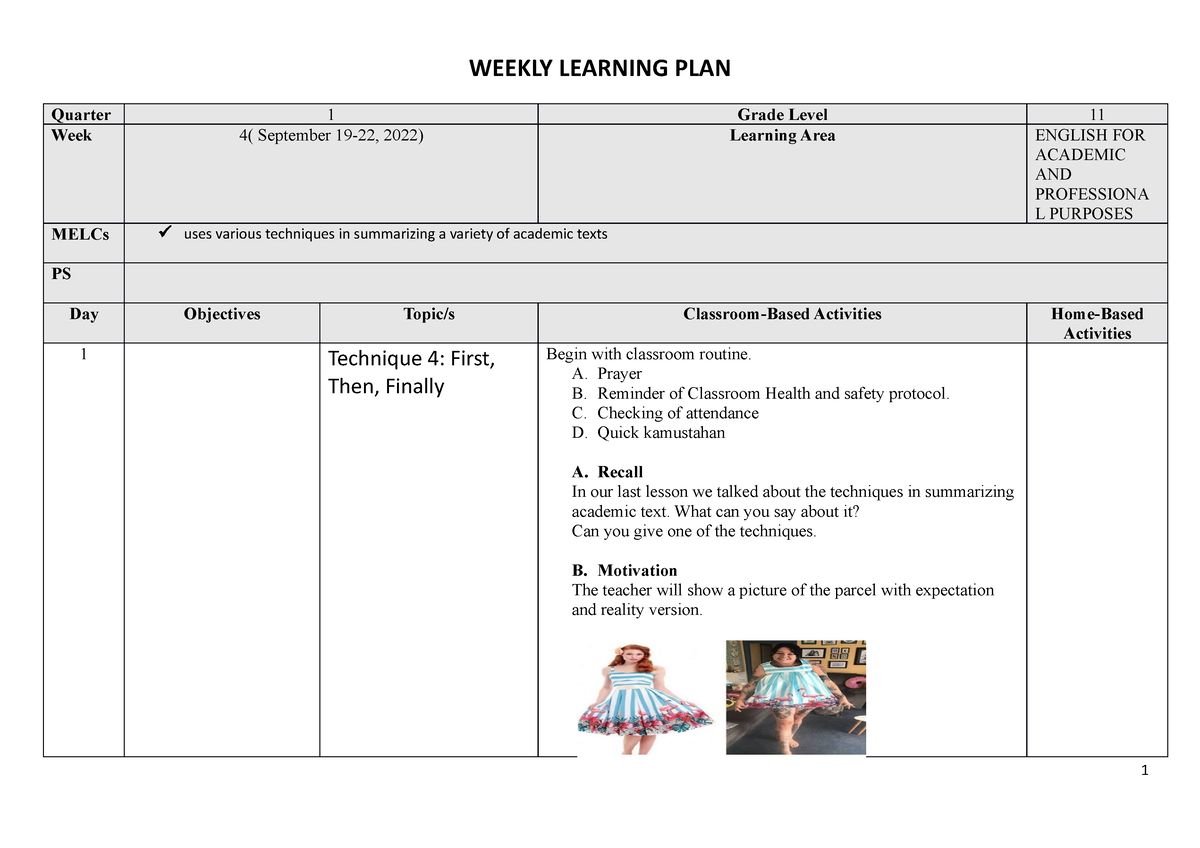 Wlp Week4 Q1 Weekly Learning Plan Quarter 1 Grade Level 11 Week 4 September 19 22 2022 5758