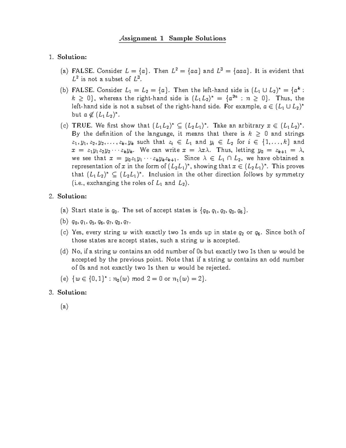 Sol1 - solutions to assignment 1 - Assignment 1 Sample Solutions ...