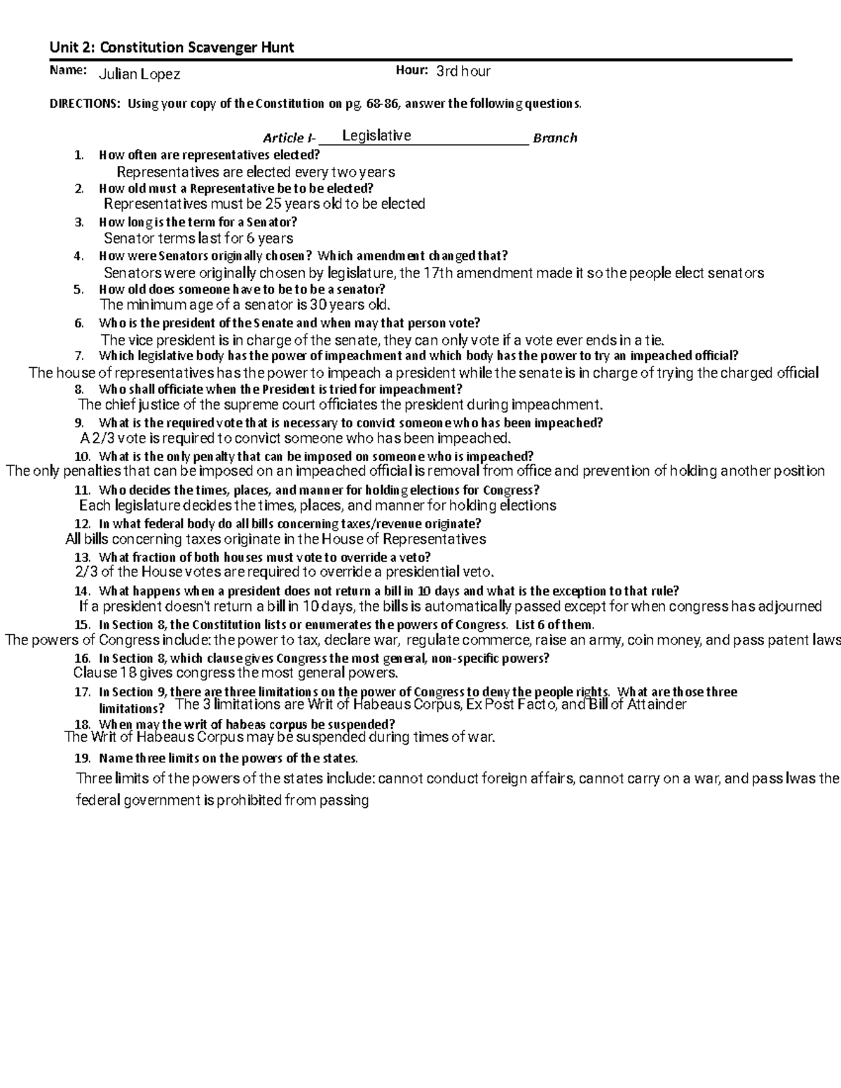 ohio history notes - Unit 2: Constitution Scavenger Hunt Name: Hour ...