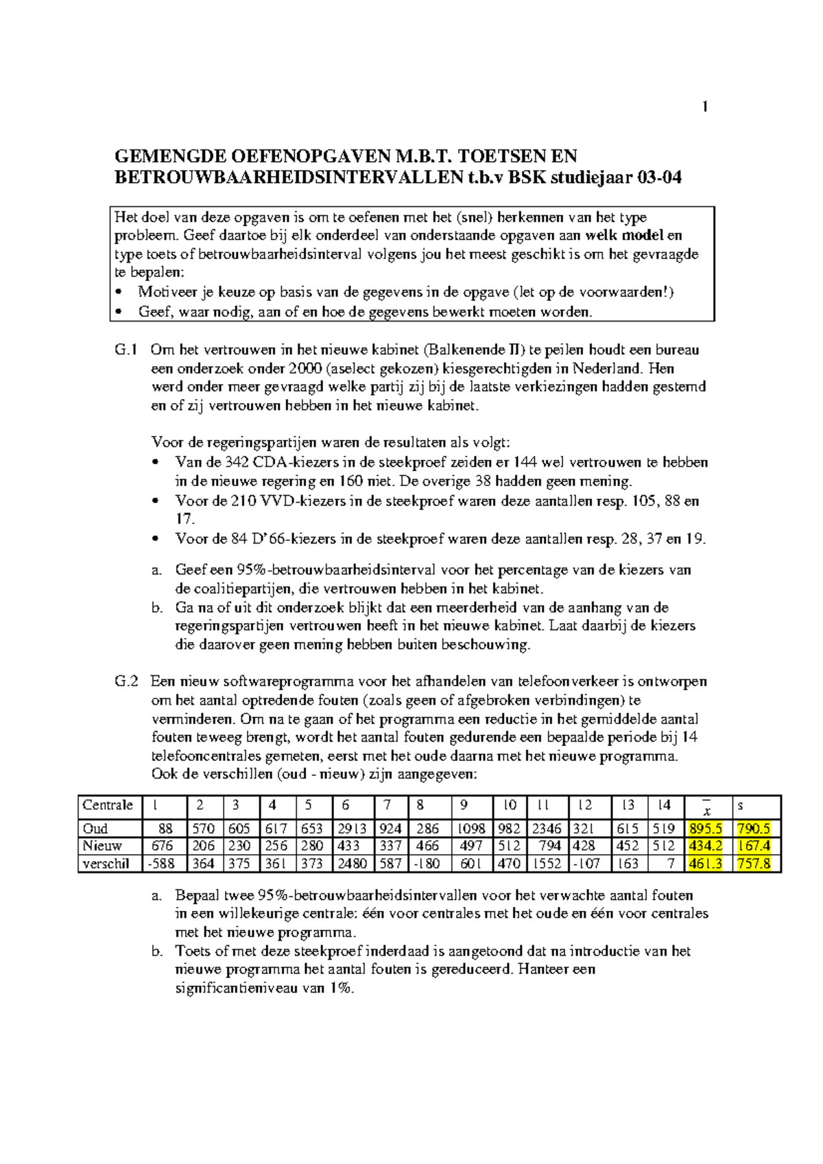 Gemengde oefenvragen statistiek GEMENGDE OEFENOPGAVEN M.B. TOETSEN EN