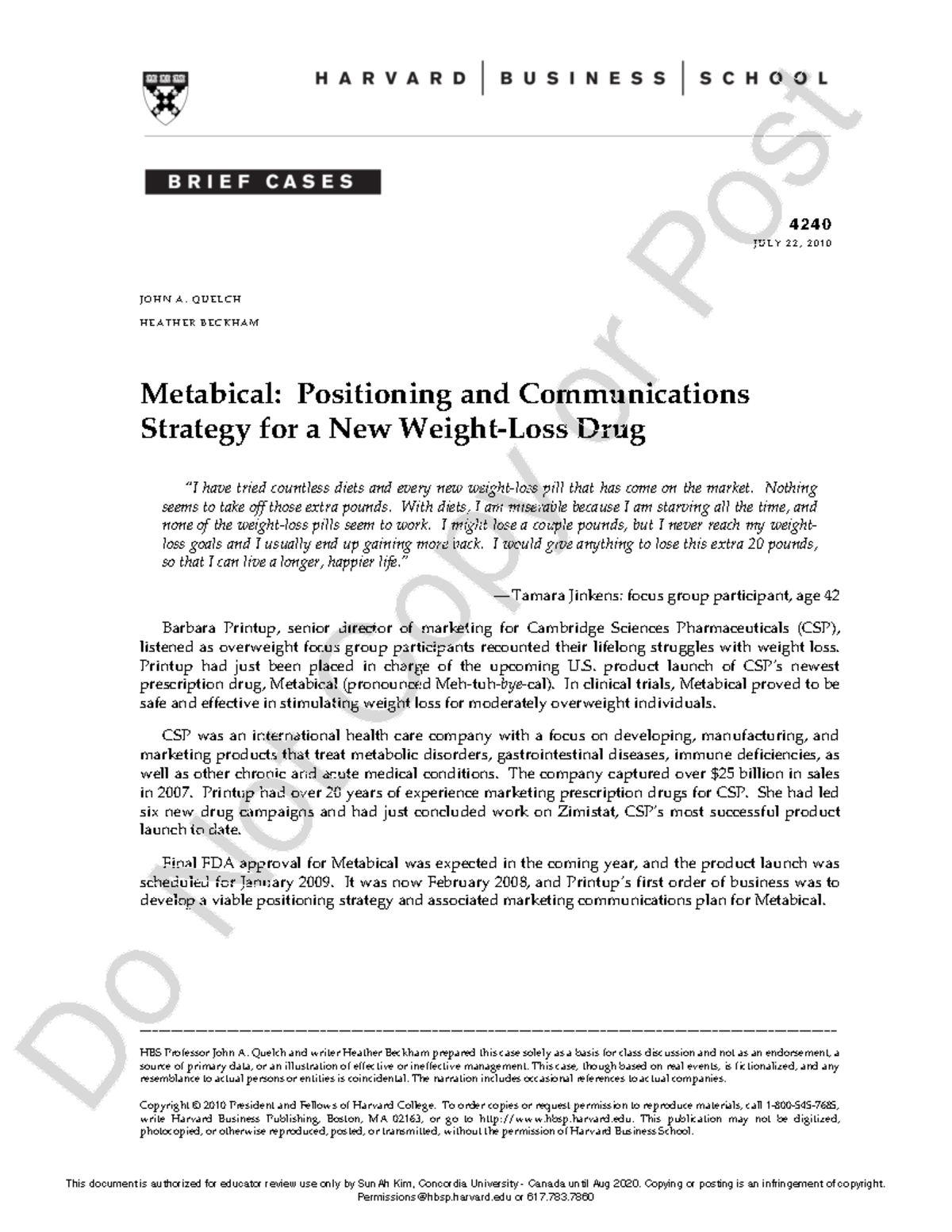Metabolica copy case HBS Professor John A. Quelch and writer