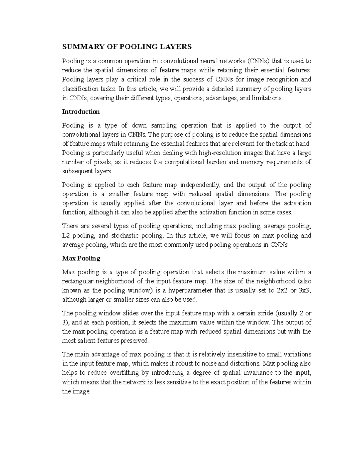 Summary of Pooling Layers - SUMMARY OF POOLING LAYERS Pooling is a ...