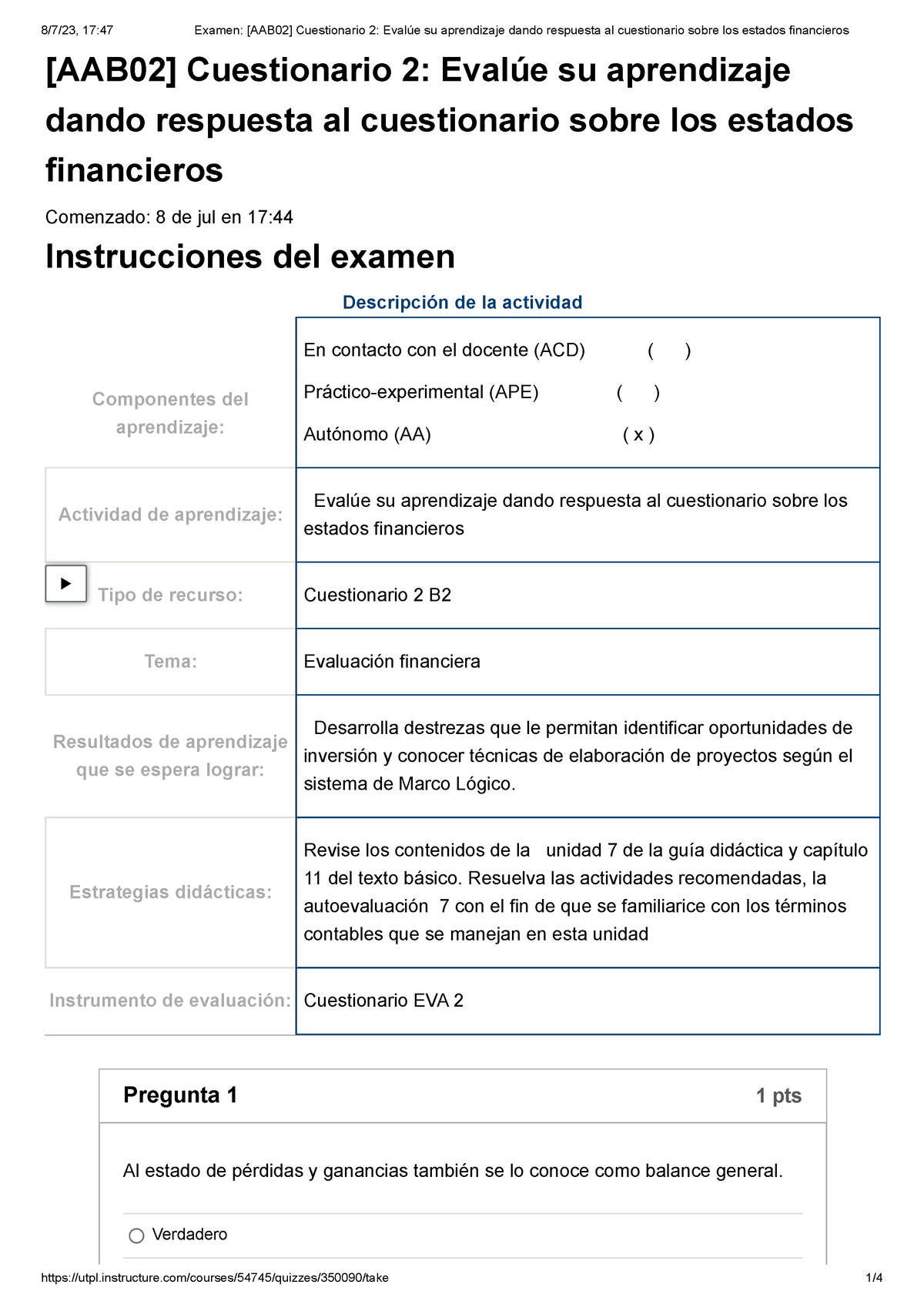 Examen [AAB02] Cuestionario 2 Evalúe Su Aprendizaje Dando Respuesta Al ...