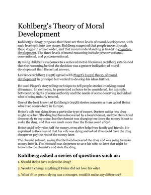 Lecture 8 Theory of Moral Development Kohlberg s Theory of Moral