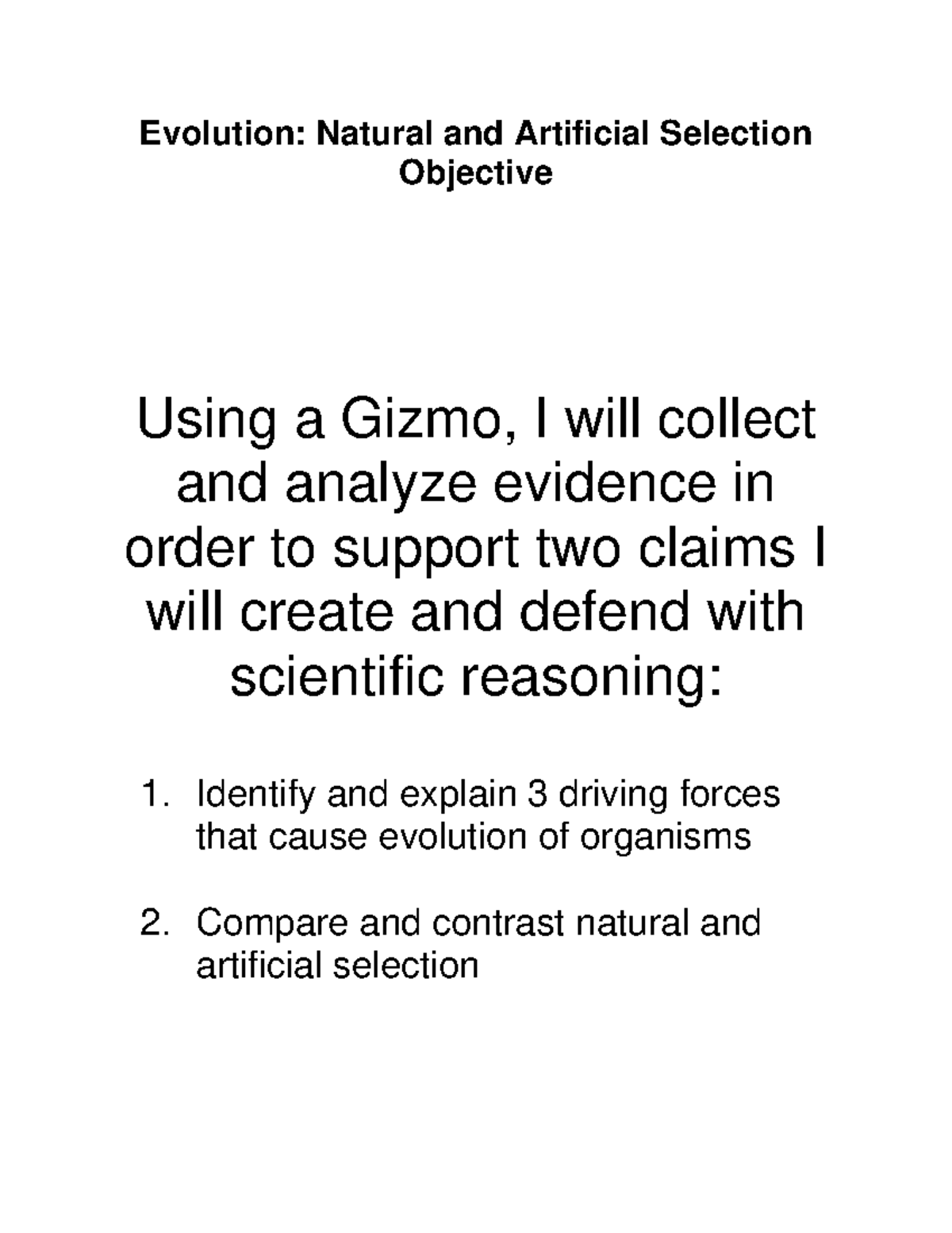 Natural and Artificial selection gizmo Evolution Natural and