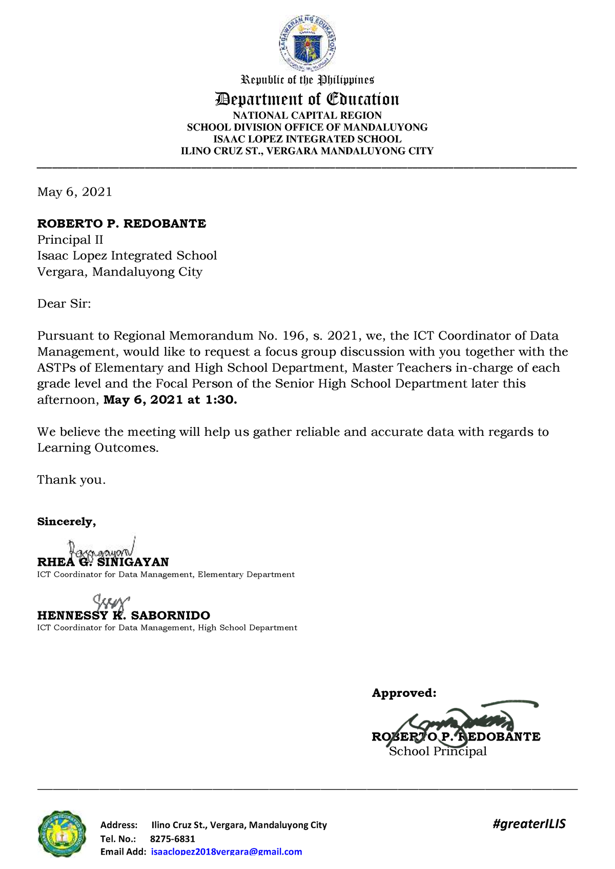 Letter request for meeting 1 1 - Bachelor of Elementary Education ...