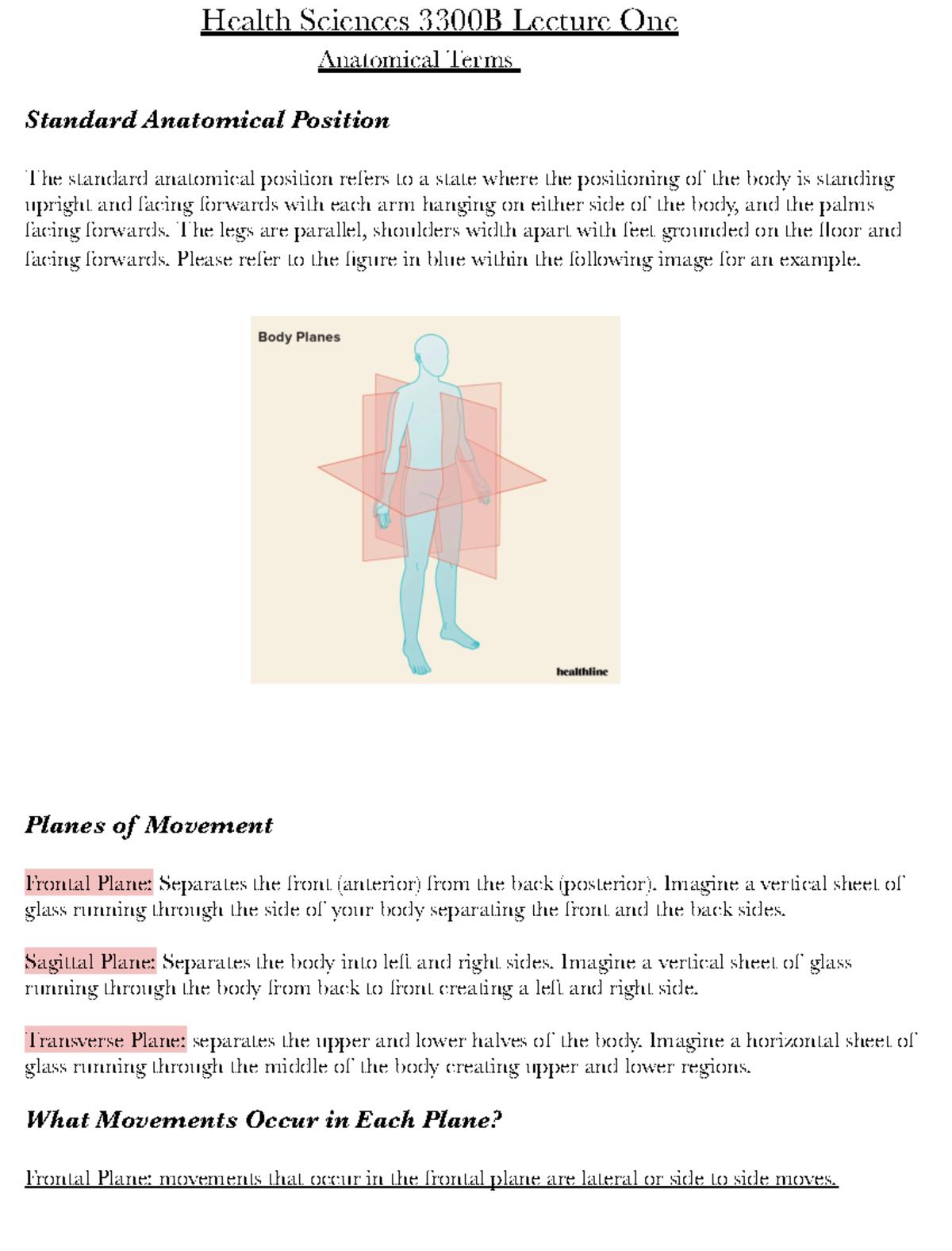 3300B Anatomical Terms - Health Sciences 3300B Lecture One Anatomical ...