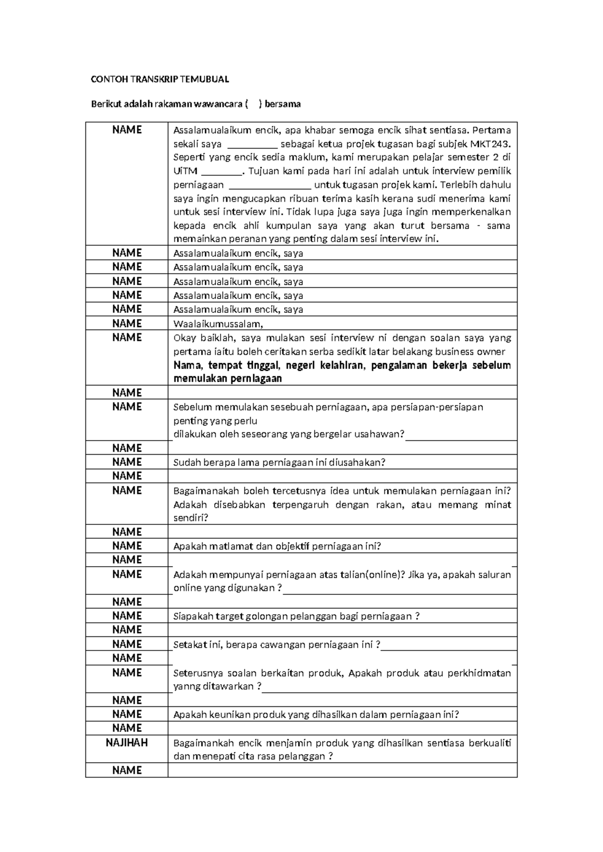 Contoh Transkrip Temubual - CONTOH TRANSKRIP TEMUBUAL Berikut adalah ...