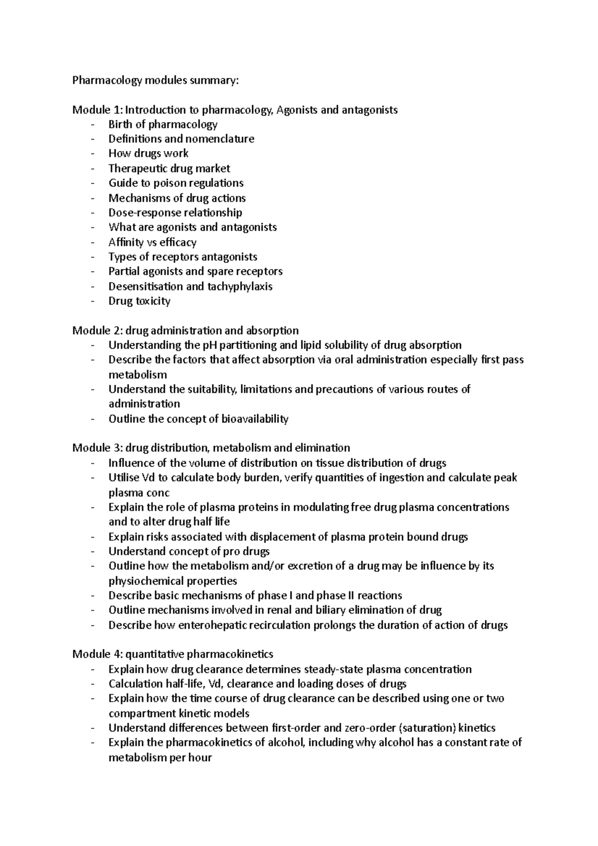 Pharmacology modules summary - Pharmacology modules summary: Module 1 ...