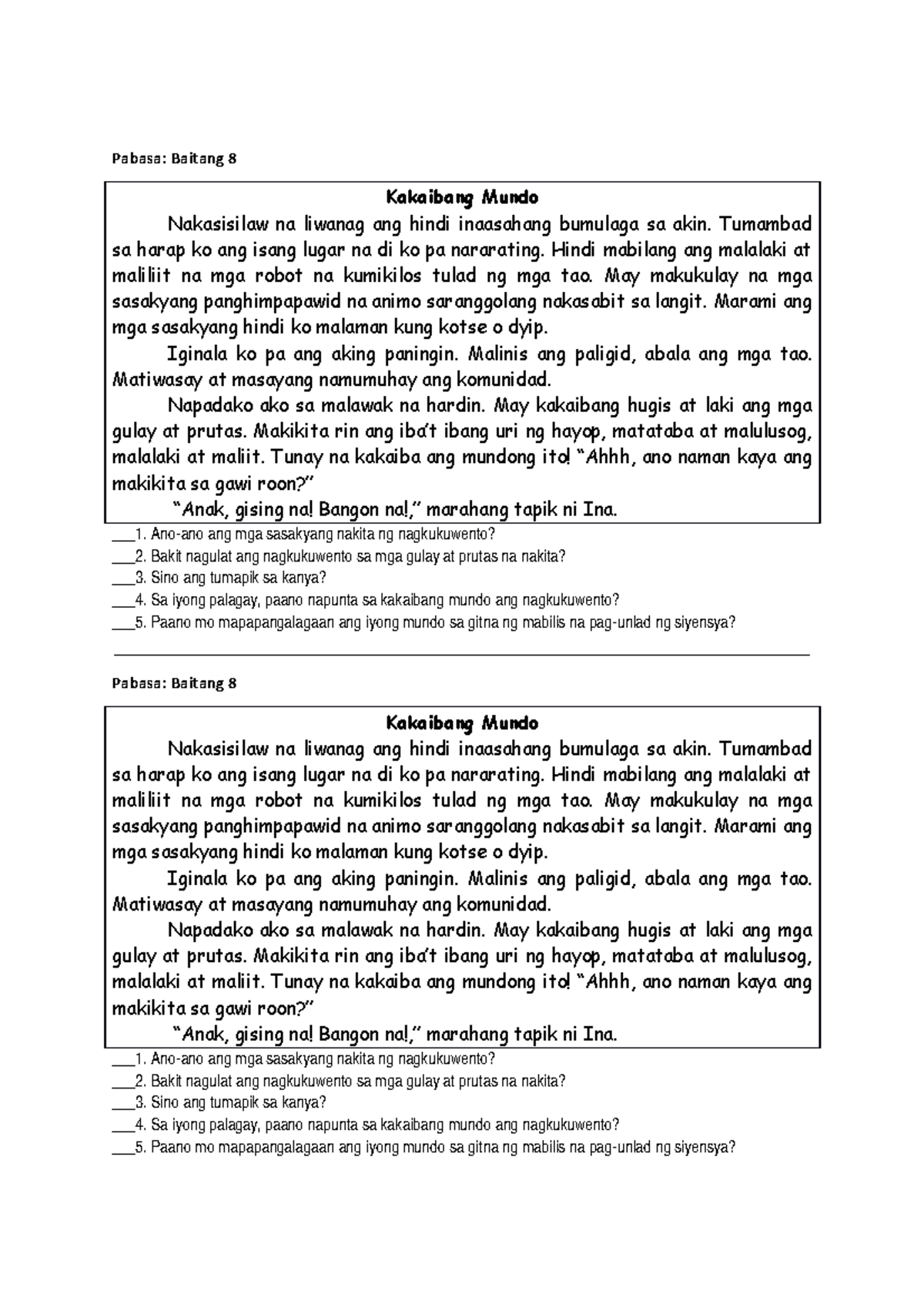 Reading learner passage grade 8 material Pabasa Baitang 8 Kakaibang Mundo Nakasisilaw na