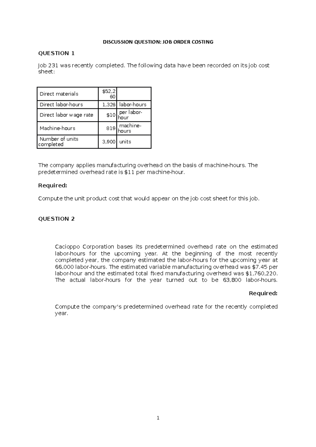 Job Order Costing - DISCUSSION QUESTION: JOB ORDER COSTING QUESTION 1 ...