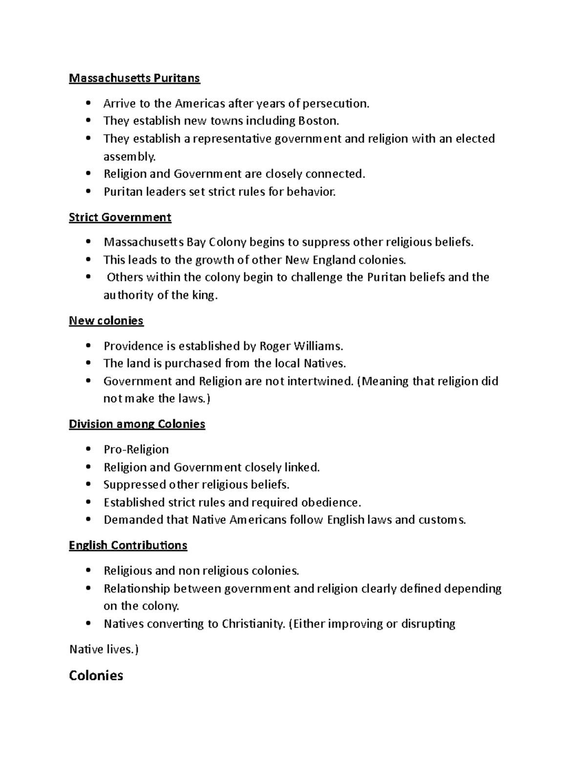 History Notes - Converging Cultures Continued - Massachusetts Puritans ...