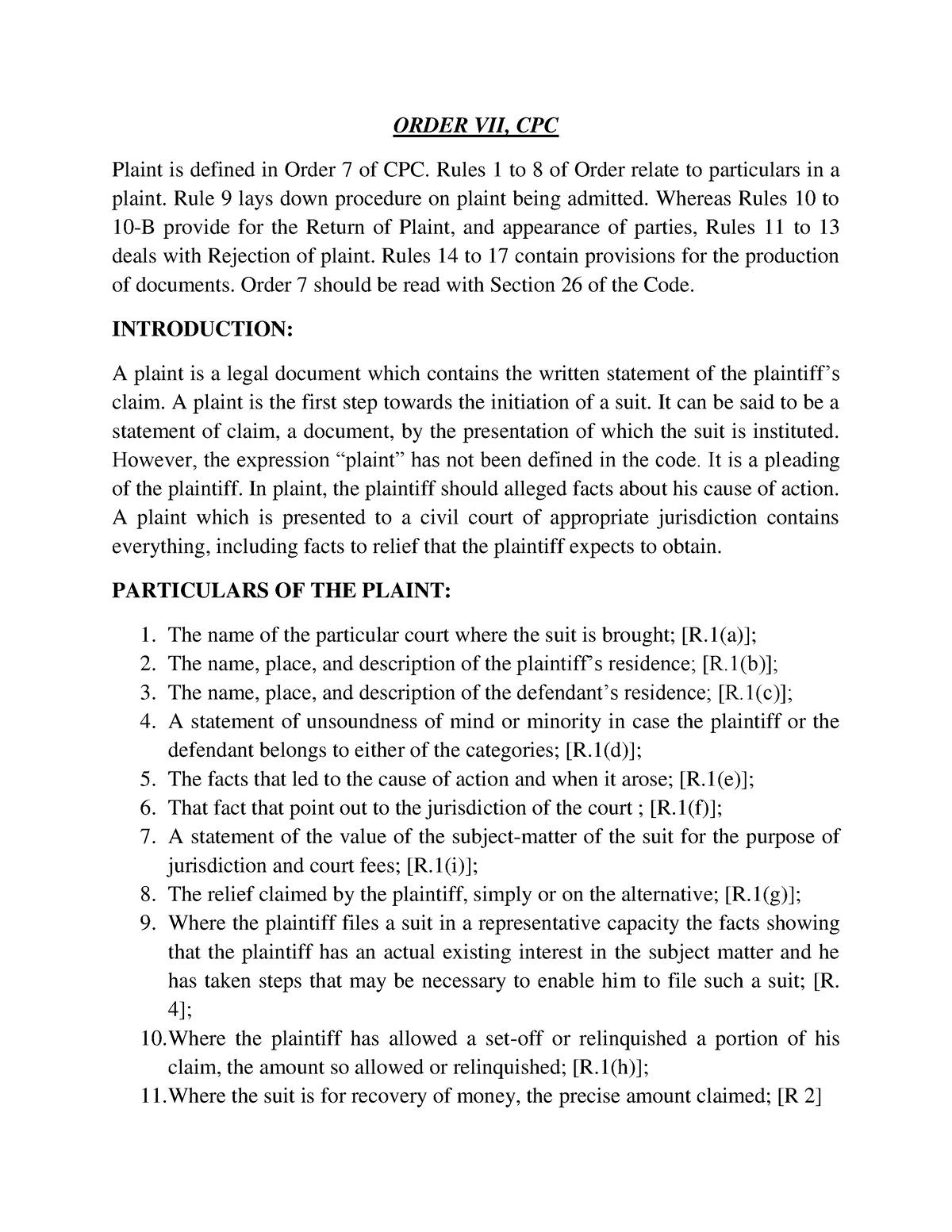 Compilation Of CPC Notes - ORDER VII, CPC Plaint Is Defined In Order 7 ...