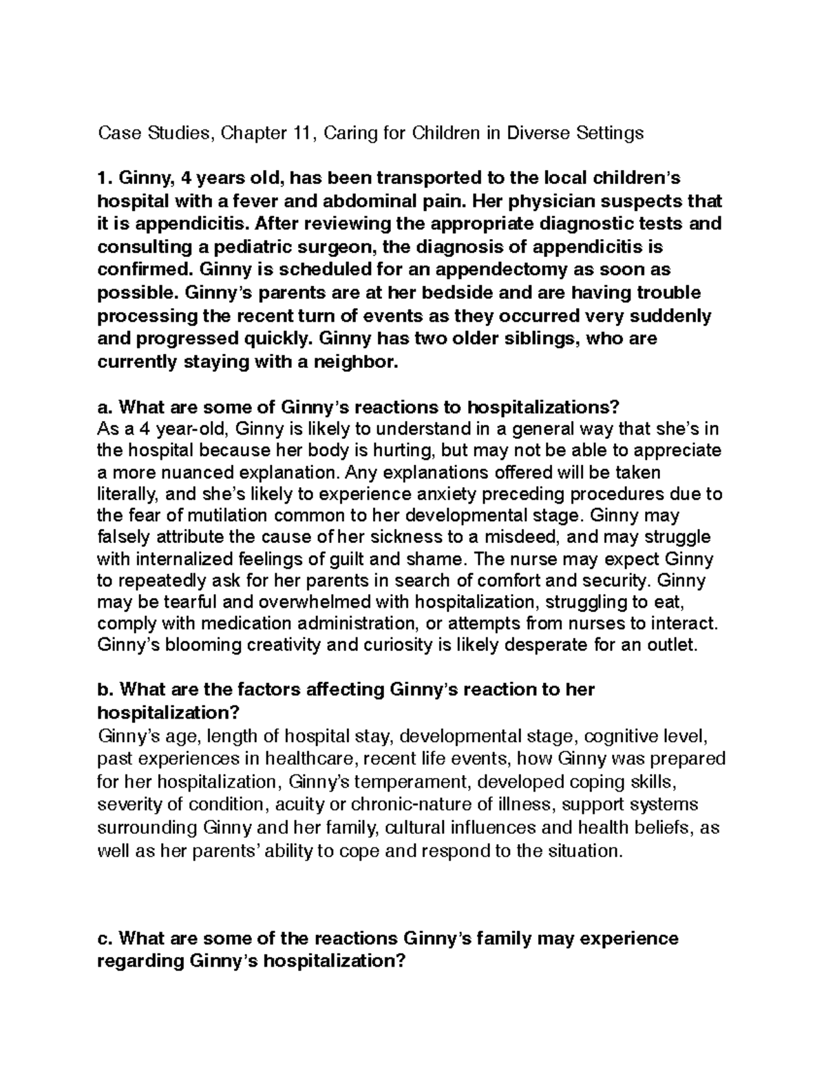 Appendicitis Case Study 1 Case Studies, Chapter 11, Caring for