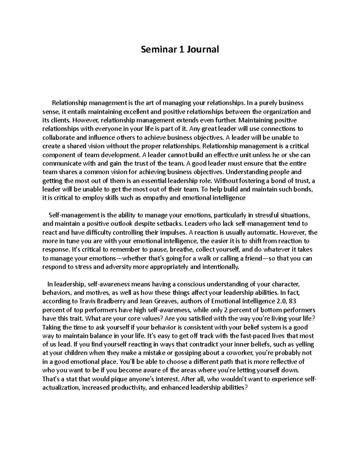 Seminar 1 Journal, ss - Seminar 1 Journal Relationship management is ...