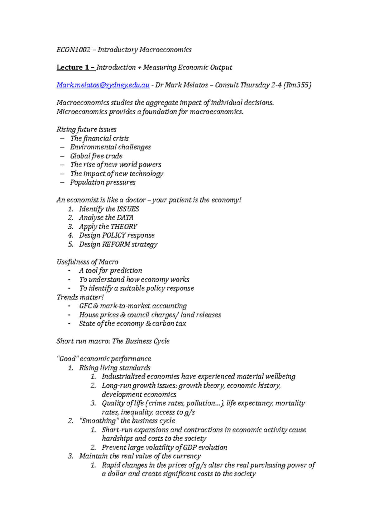 Lecture Notes Lectures 1 13 ECON1002 Introductory Macroeconomics 