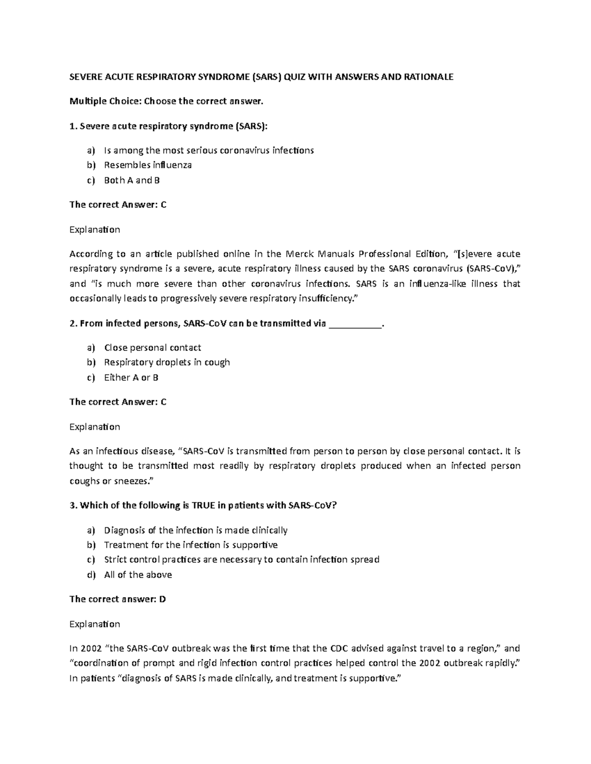SARS-QUIZ - Quizzes - SEVERE ACUTE RESPIRATORY SYNDROME (SARS) QUIZ ...
