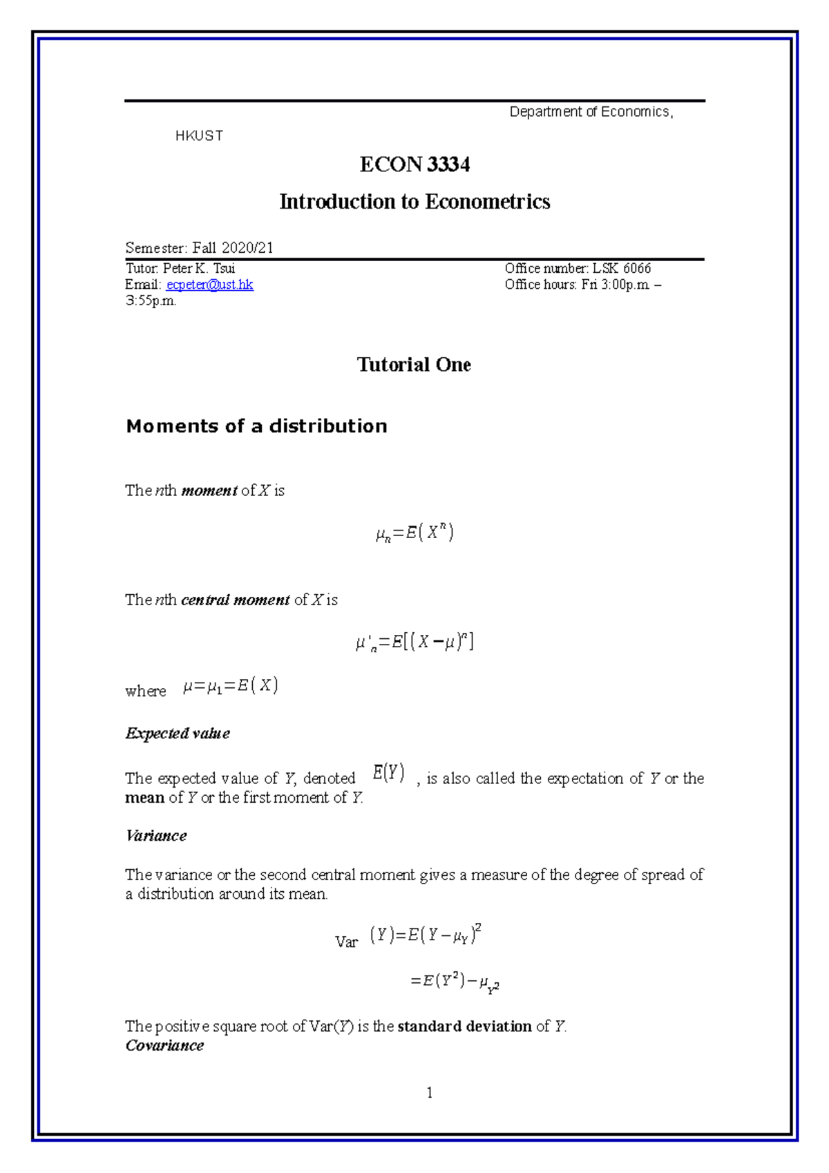 ECON3334 Tutorial 1 - Department of Economics, HKUST ECON 3334 ...