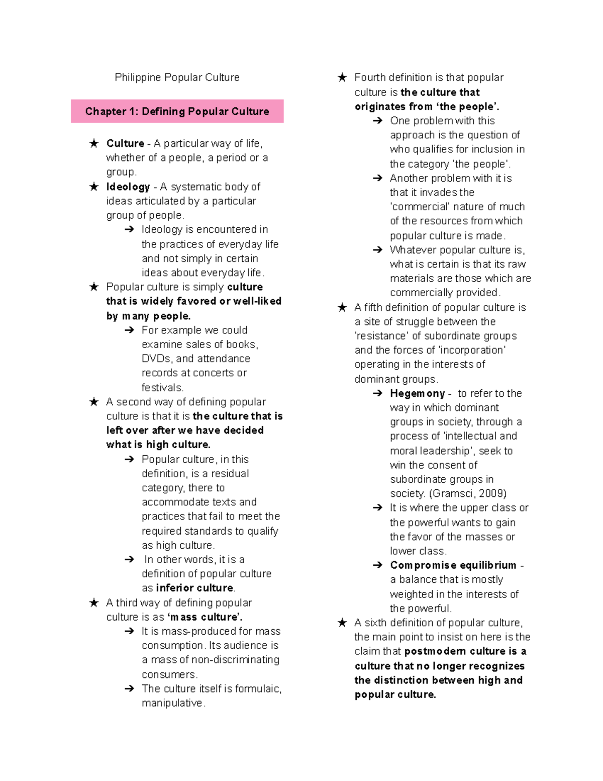 PH Pop Culture - Notes - Philippine Popular Culture Chapter 1: Defining ...