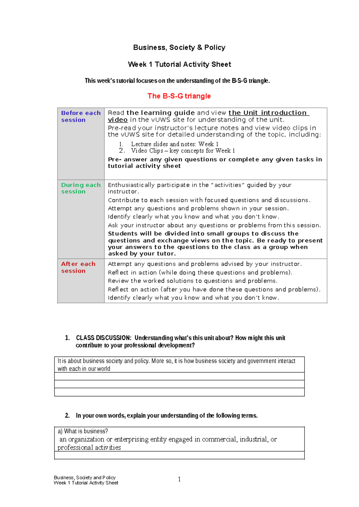 Week 1 Tutorial Activity Sheet - Business, Society & Policy Week 1 ...