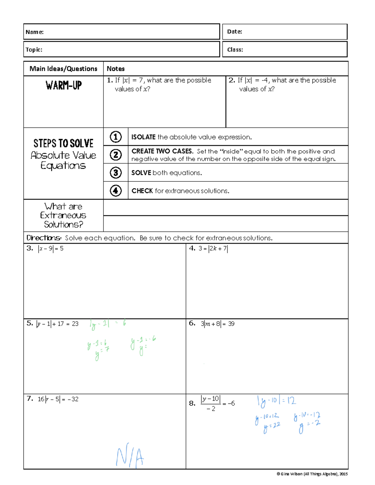 2.3 Notes + Practice - Absolute Value Equations - - Studocu