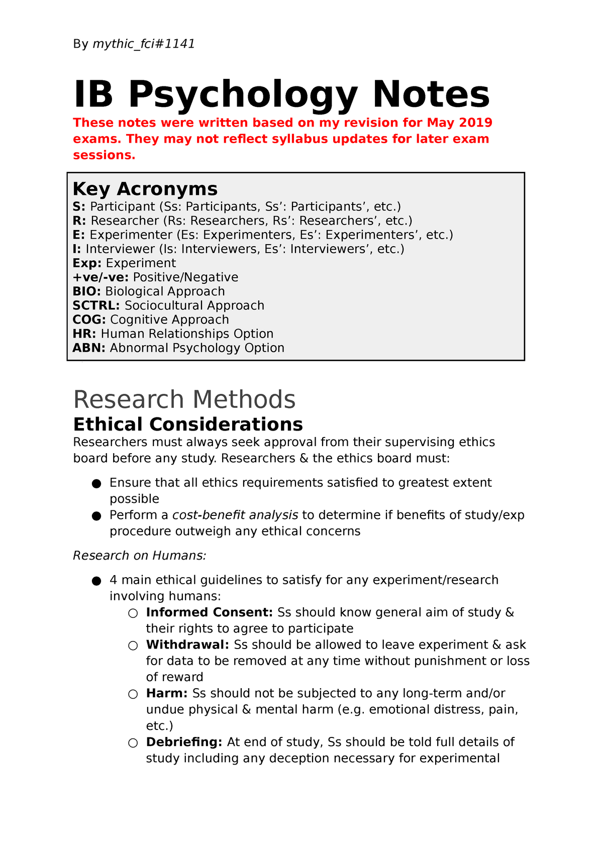 IB Psychology HL Notes incl Human Reltn Abnormal Psych Options 