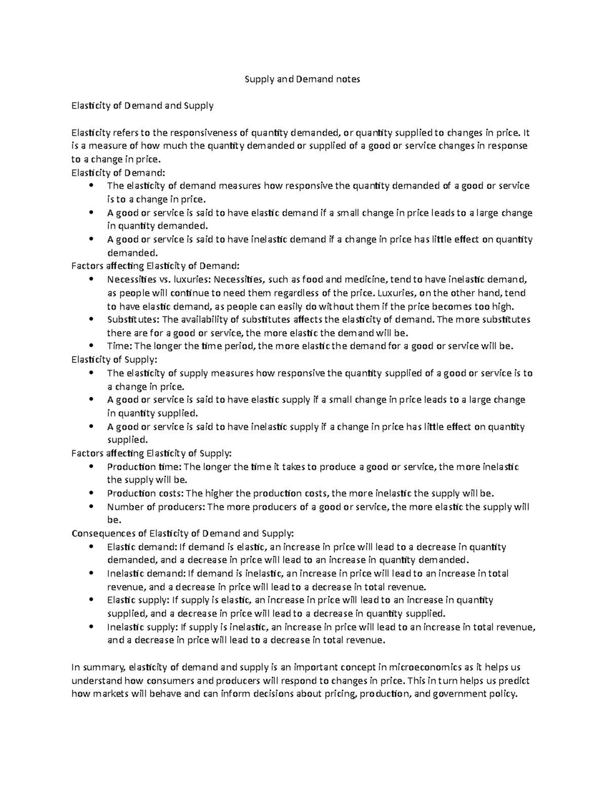 Econ 202 notes 1 - Supply and Demand notes Elasticity of Demand and ...