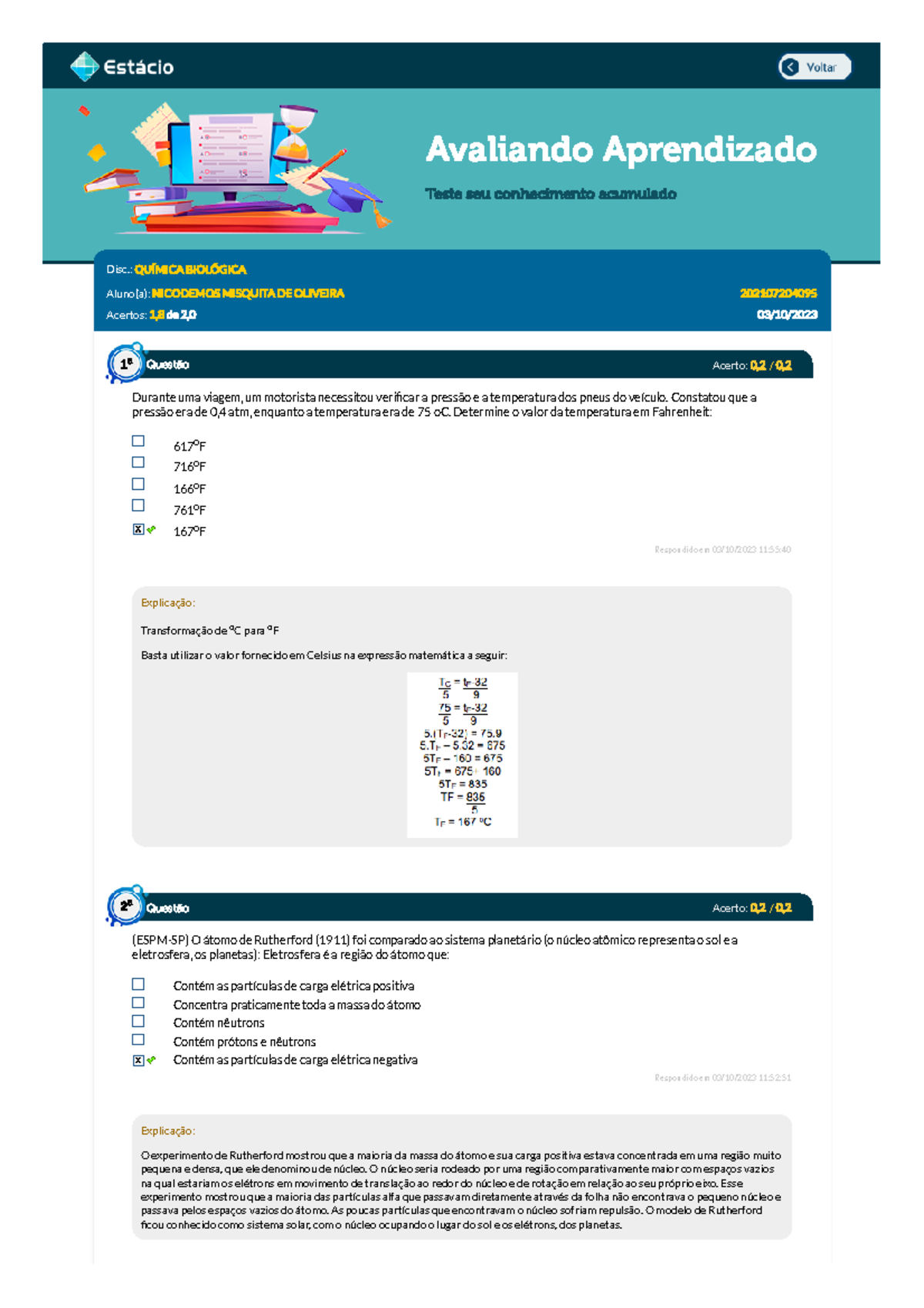 Avaliação de aprendizado Estácio - Química biológica - Avaliando ...