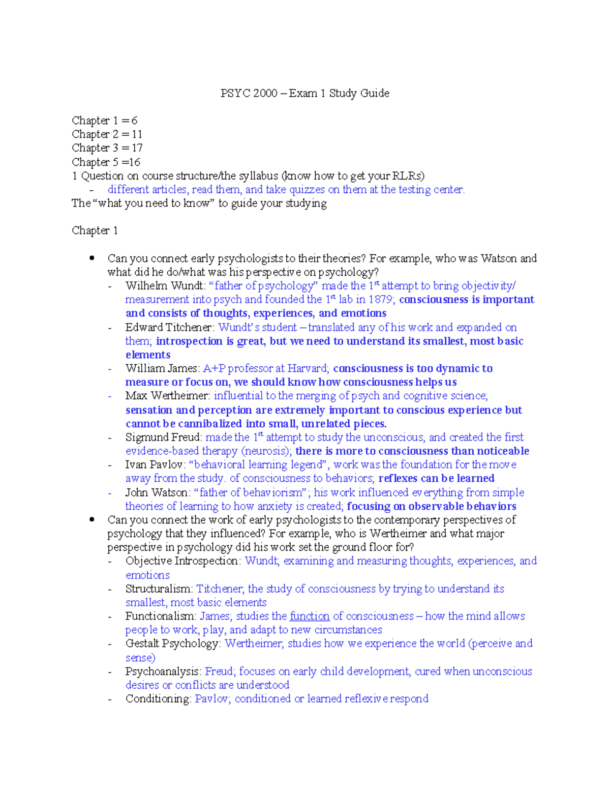 Psychology exam #1 SG - PSYC 2000 – Exam 1 Study Guide Chapter 1 = 6 ...