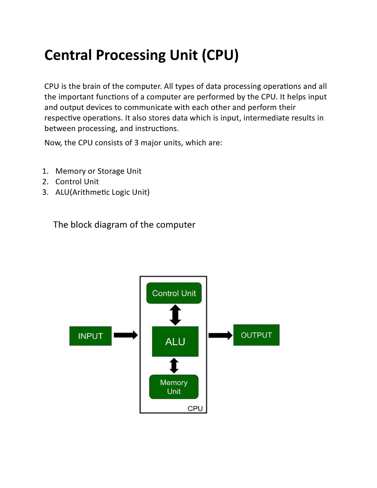 Central Processing Unit All types of data processing operations and