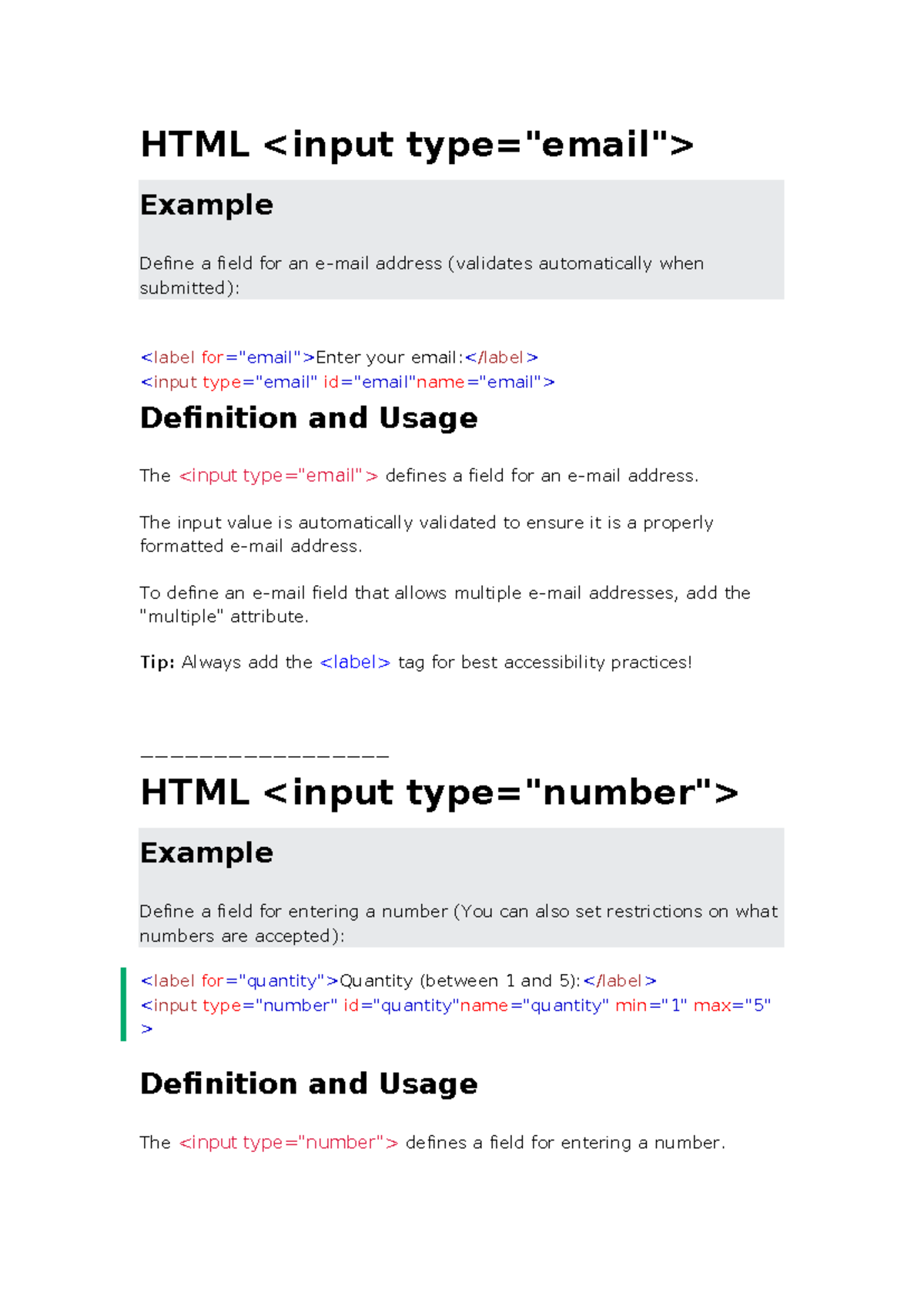 HTML input type - HTML Example Define a field for an e-mail - Studocu