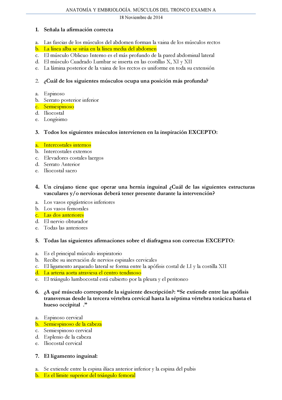 Examen Noviembre Preguntas Y Respuestas M Sculos Del Tronco Y Del Tronco Examen A