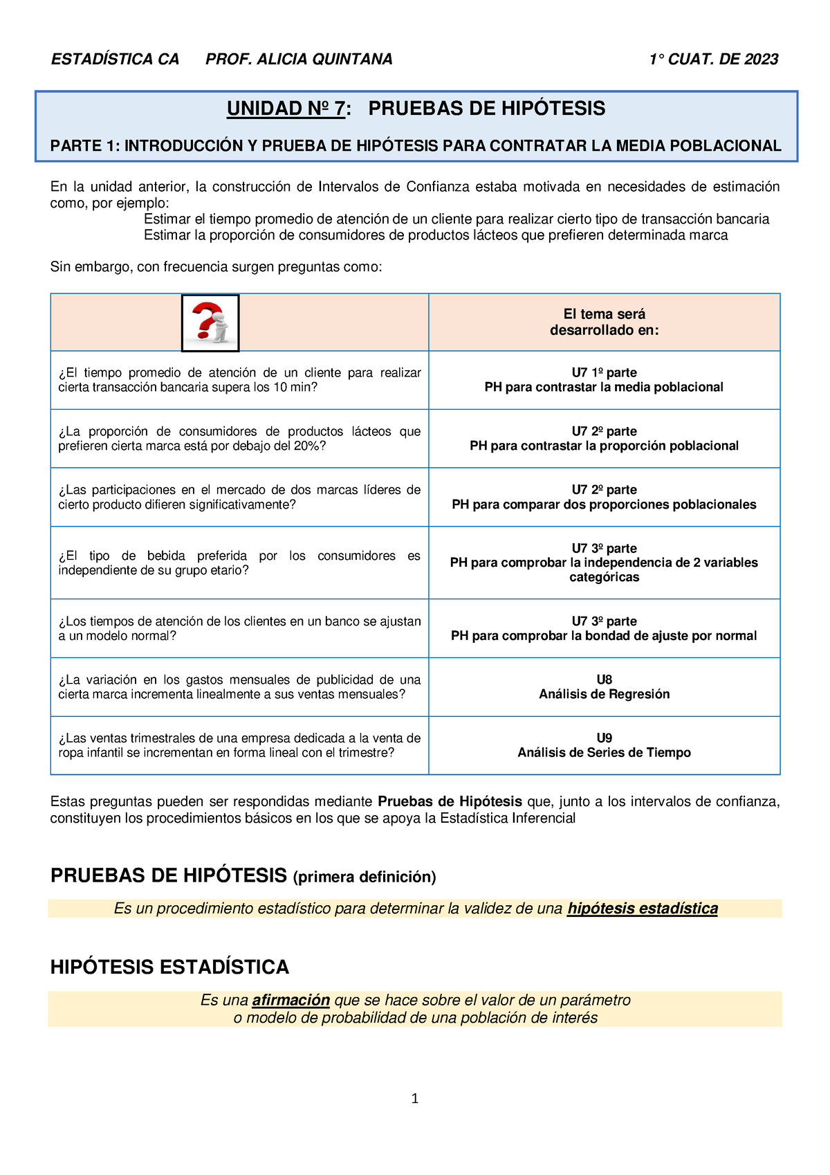 U7 (1) PH PARA Media 2023 1º - ESTADÍSTICA CA PROF. ALICIA QUINTANA 1 ...