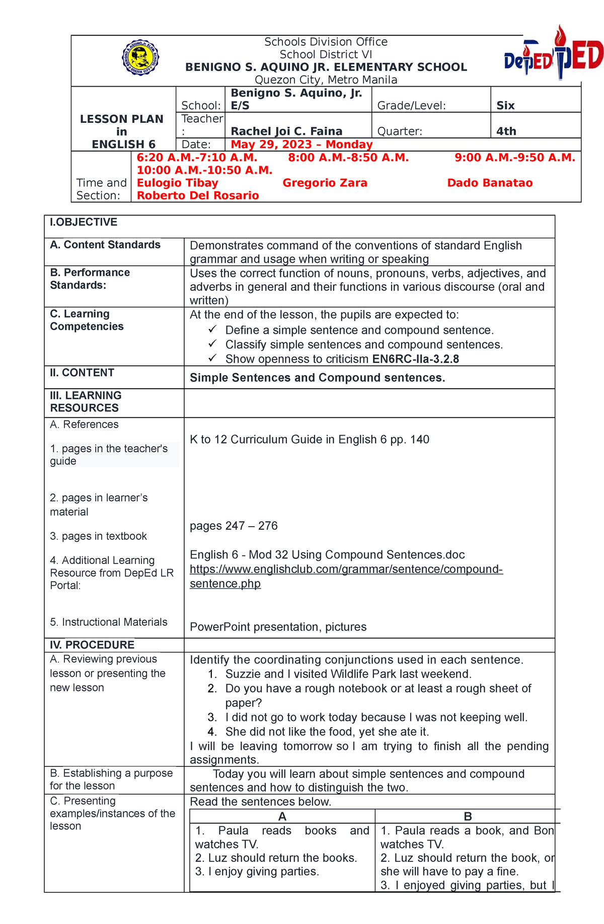 DLP-May 29-ENG - Lesson plan - Schools Division Office School District ...