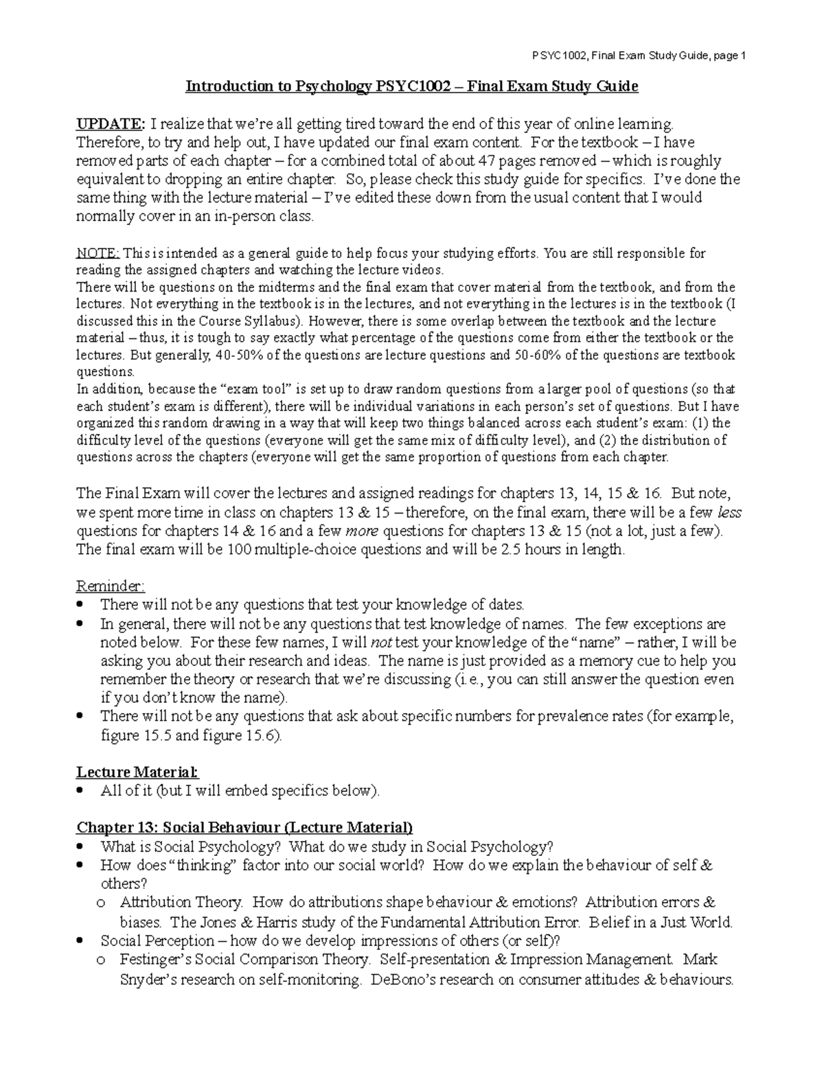 PSYC1002 Final Exam Study Guide - Introduction to Psychology PSYC1002 ...